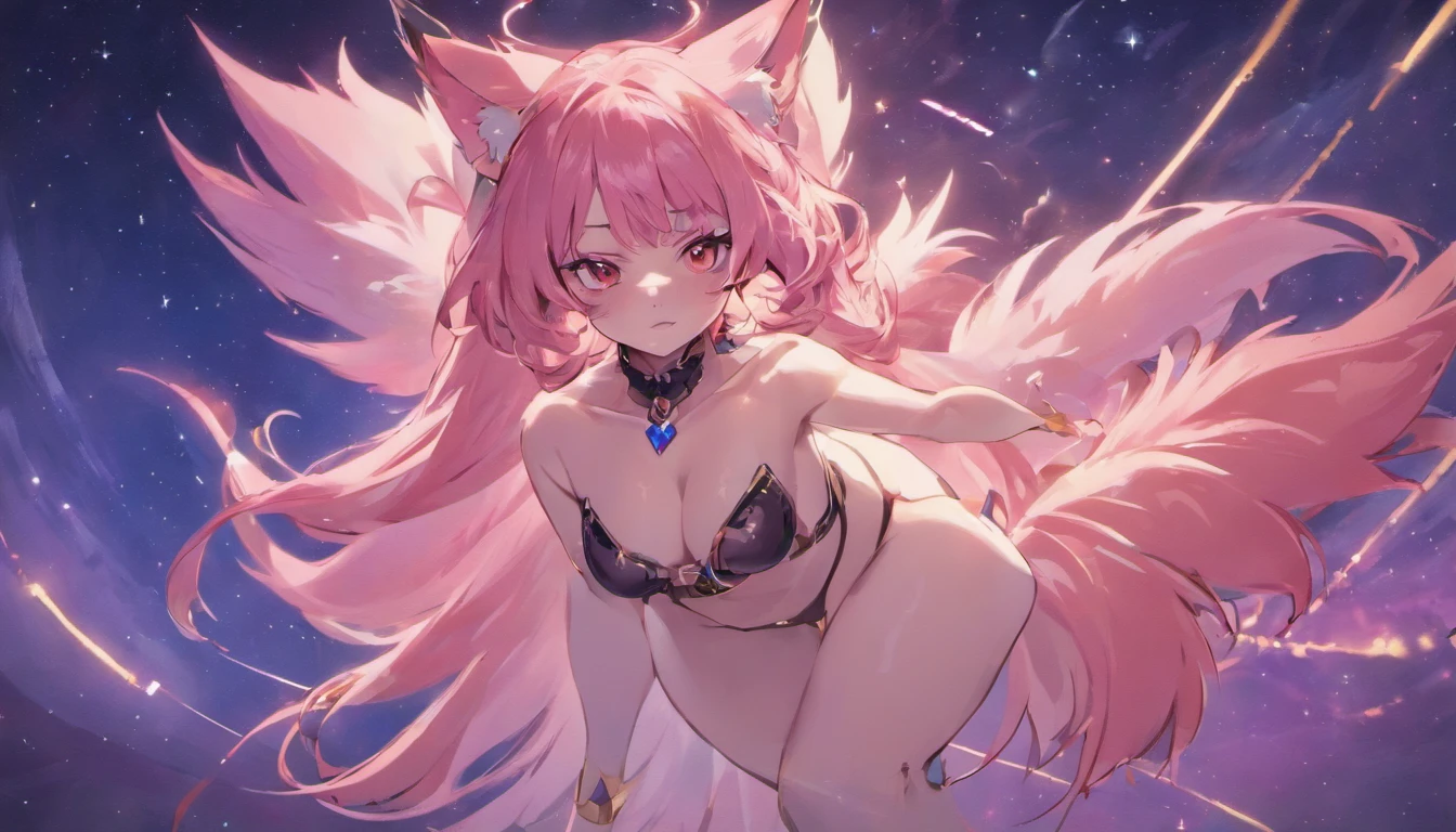 Classic composition,Pink fox anthropomorphism,Fang,night sky background,Bright moon,Gorgeous costumes,Pupillary details,Symmetrical pupils,Pupil highlight,Clear lines,Shooting stars cross the night sky, From the front side,Positive perspective,looking toward the viewer,face to the viewer,Full body photo:1.4,perfect hand,perfect body figure,with perfect legs,perfect foot,Black pantyhose,transparent pubic hair,leg wide open,squatt,No shoes,cleavage,Bigchest,Type M,knee hugging,Hold your legs,focus on the feet,bends his knees,Knees,low chest,cropped shoulders,squatting pose