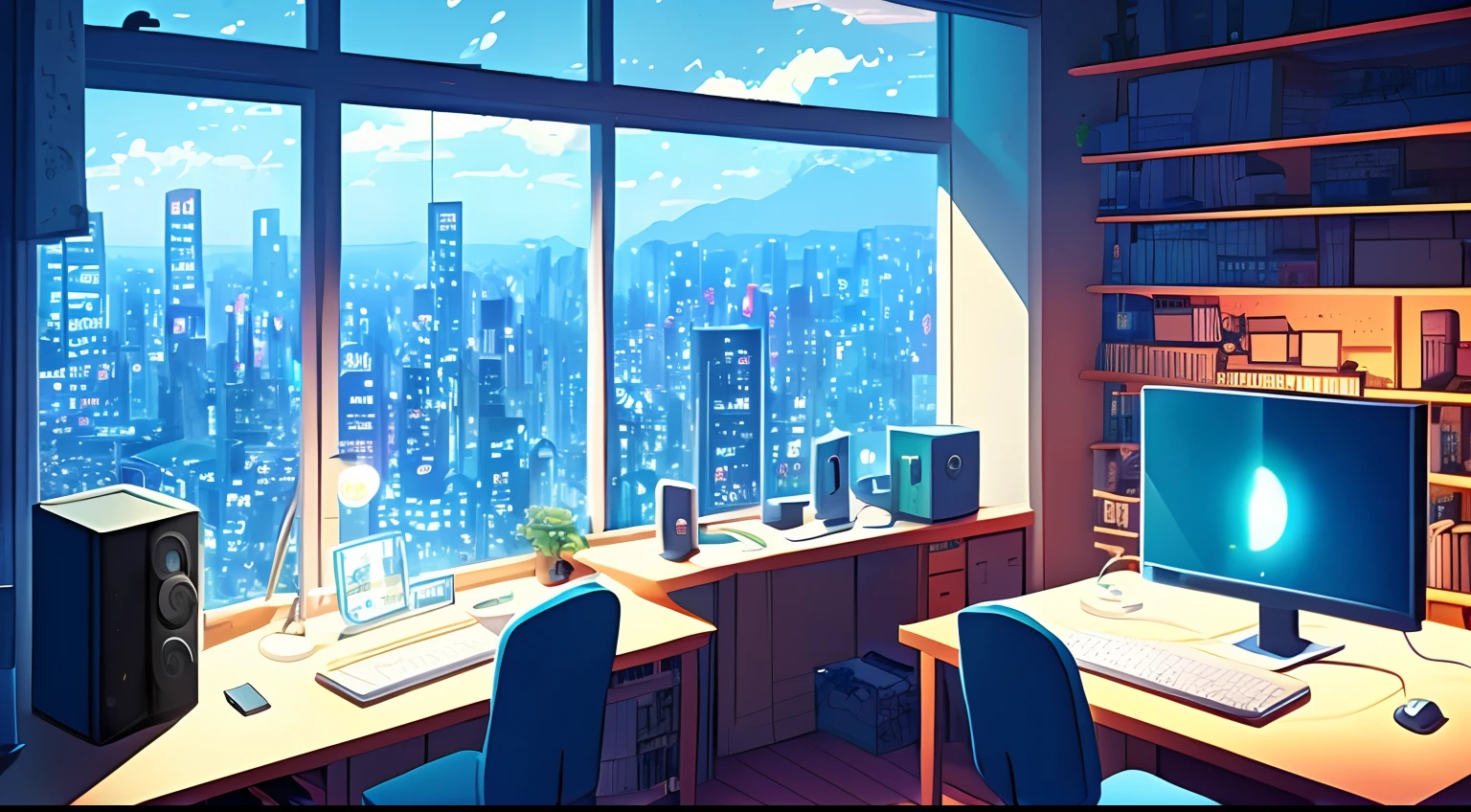a nerdy boy is programming at a computer in a room full of gadgets, by makoto shinkai and ghibli studio, dramatic lighting, highly detailed, incredible quality, at night, blue light
