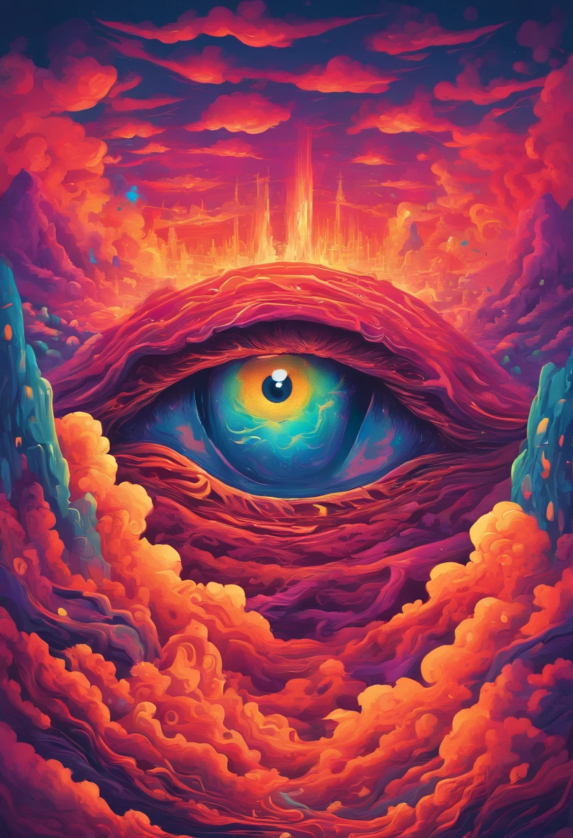 eye in the middle of a cloud of volcano smoke, Volcano erupting with eye on top, tons de azul, arte digital inspirada em Cyril Rolando, surrealismo, Portrait of a giant eye in the smoke of a volcano, mystic eye, nuvem de fumo com um olho, surrealismo