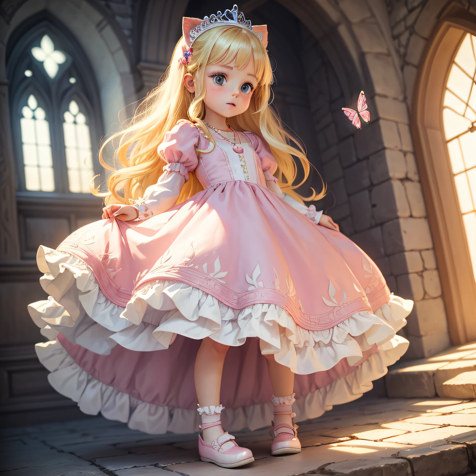 a little princess, children's cartoon illustration style, cute, , colors, long blonde hair, light pink dress with white ruffles, no glasses, with a cute little shoe, a necklace cute, in a castle with magical butterflies and a white cat