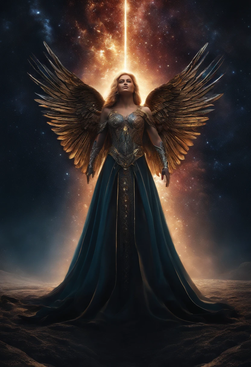 cosmic fallen angel, olhos claros brilhantes, Biomechanicals, estranho, assustador, Pesadelo, cores muito brilhantes, light particles, com luz brilhante, Mshiff, Arte do papel de parede, Papel de parede UHD, olhos de fogo, cinematic, 8k, realistic