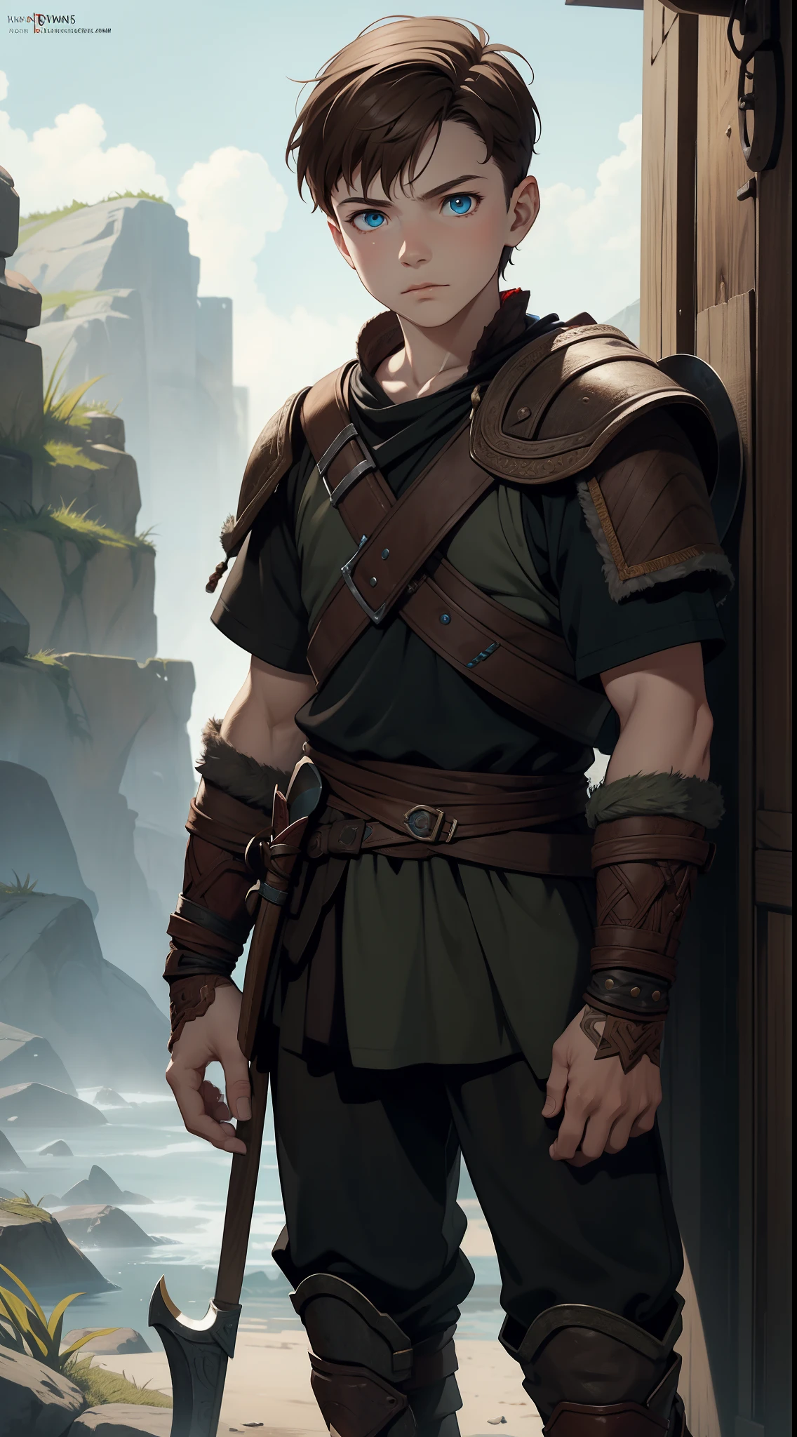 young boy, Atreus (God of War), brown hair, Cyan eyes, Hunter's clothes, Viking, Masterpiece, hiquality, high detail, HD, 4k