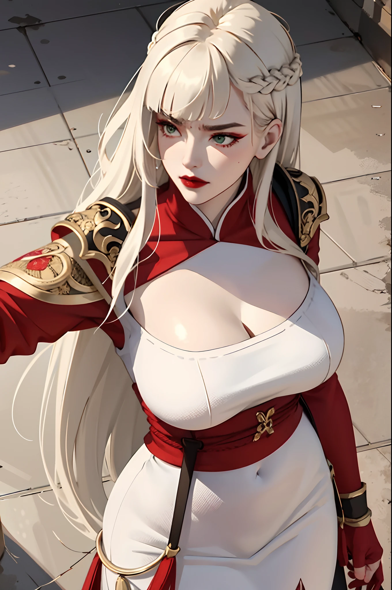 (masterpiece:1.2, best quality), (real picture, intricate details), 1lady, solo, whole body, casual, long hair, heavy makeup, white face, red lipstick, red eyeshadow, natural fabrics, close-up face, serious, warrior, female warrior, armour, really long light platinum blonde hair, bangs, platinum blonde voluminous hair, green eyes, big breasts, big tits, bangs on forehead, Korean bangs, cute bangs, mature face, 1adult, 1 female, 1 woman, fight position, fighting, fight, serious, fighting.
