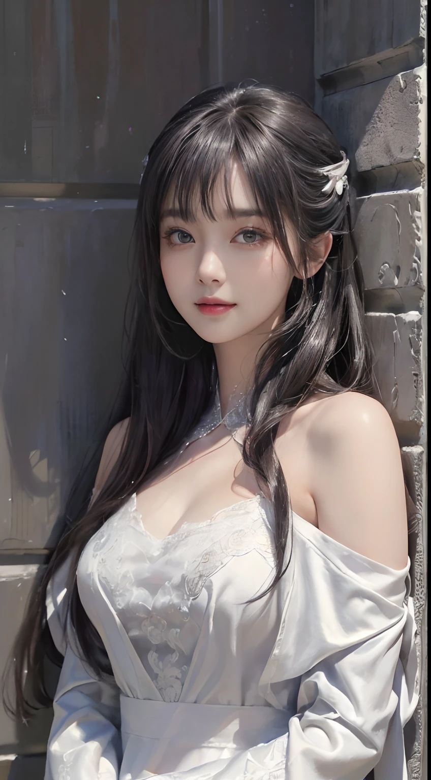 (A hyper-realistic)、(illustratio)、(hight resolution)、(8K)、(ighly detailed)、(Best Illustration)、(beautifully detailed eyes)、(top-quality)、(ultra-detailliert)、(masterpiece)、(wall-paper)、(A detailed face)、独奏、1 girl in、looking at viewert、fine detailed、A detailed face、in the darkness nigth、deep-shadows、lowkey、pureerosfaceace_v1、A smile、Silvery medium hair、white Shawl、46-point diagonal bangs, (silk dresses、long skirt)(off shoulders)View of the castle、、Stand against the wall