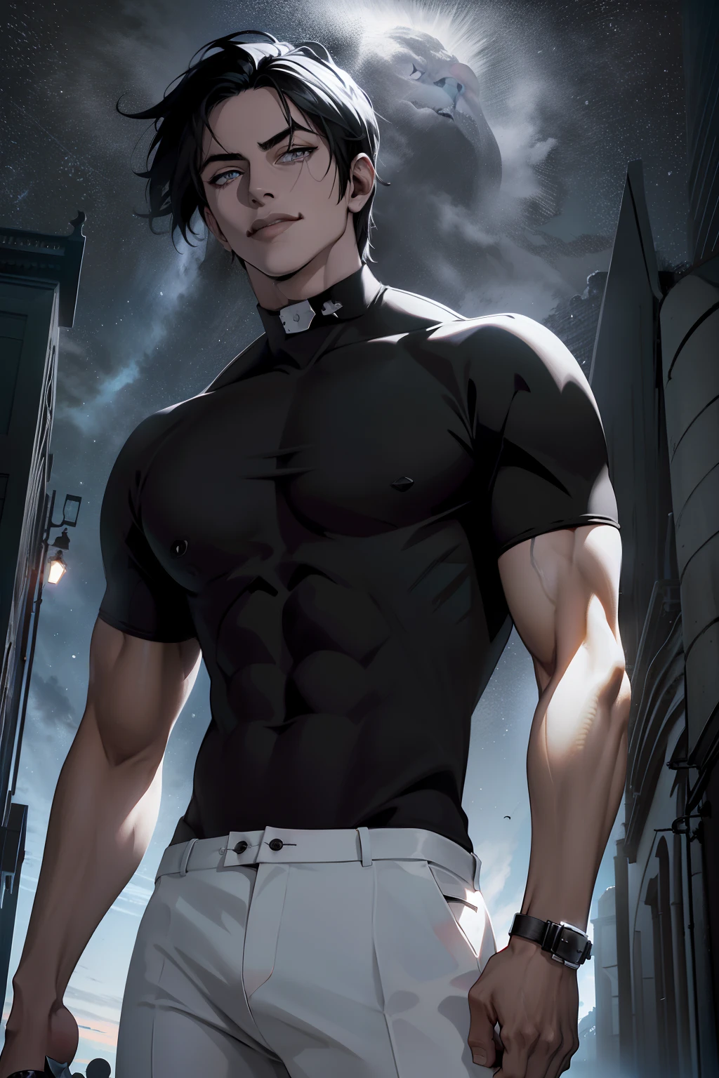 (absurdos, Altas Resoluciones, Ultra dealtoado), 1hombre, 25 years old man, hombre adulto, guapo, alto, ojos finamente dealtoados y cara dealtoada, pantalones de cuero, (((Camisa negra))), Noche, They are smiling, dutch angle, ((pelo corto, cabello negro)), luna, Dealtoes plateados, Gothic, incubus, prince, oscuro, Ropa sencilla, Mirando la vista, Pale skin, Ojos dealtoados rojos, (Masculino), sexy, elegante, Manos dealtoadas, (((ojos rojos))), Malo, (musculatura), sonrisa afectada, ((((trompetas)))), Camisa sin botones, defined muscles, trenza