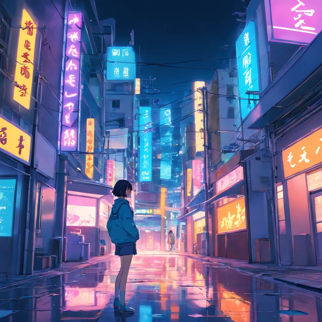 Night art in neotokio style, Neon-filled buildings and streets, Signs and reflections on the floor, cyber punk style ,