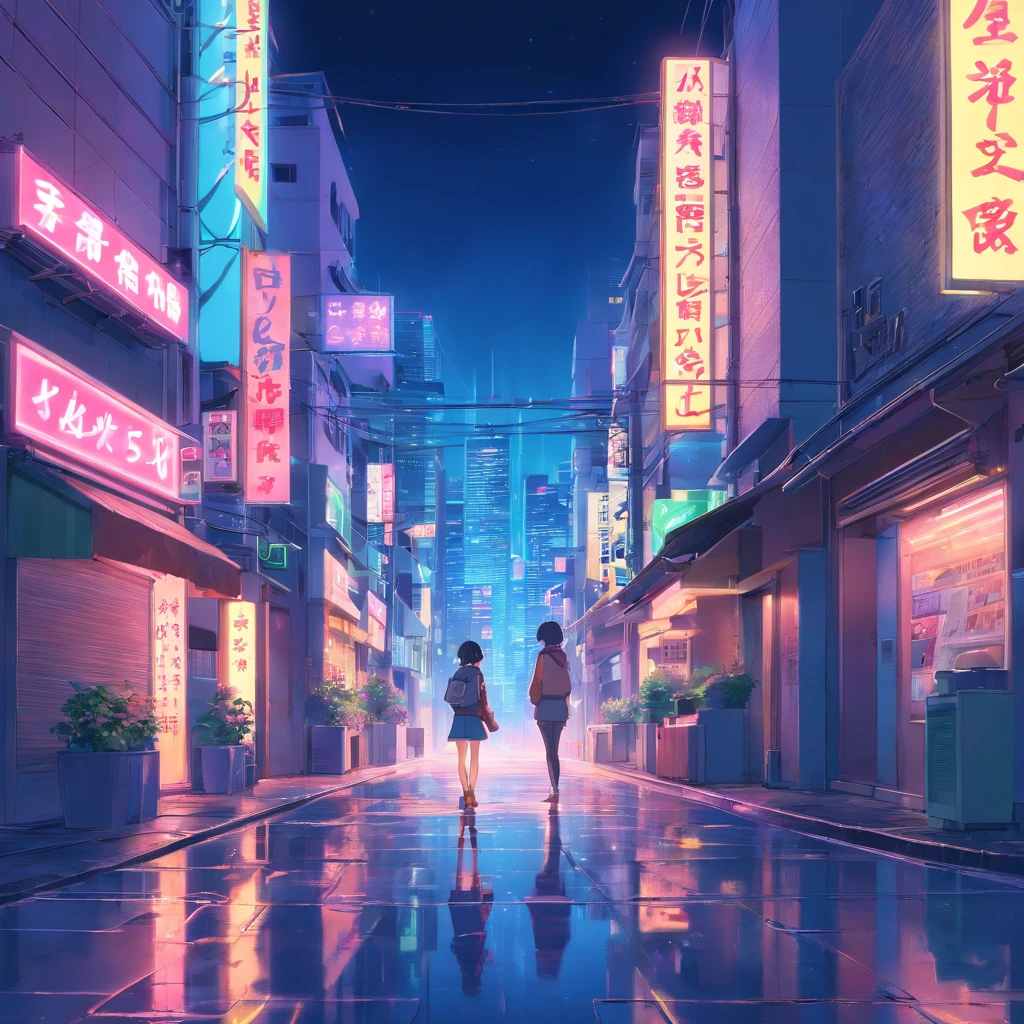 Night art in neotokio style, Neon-filled buildings and streets, Signs and reflections on the floor, cyber punk style ,