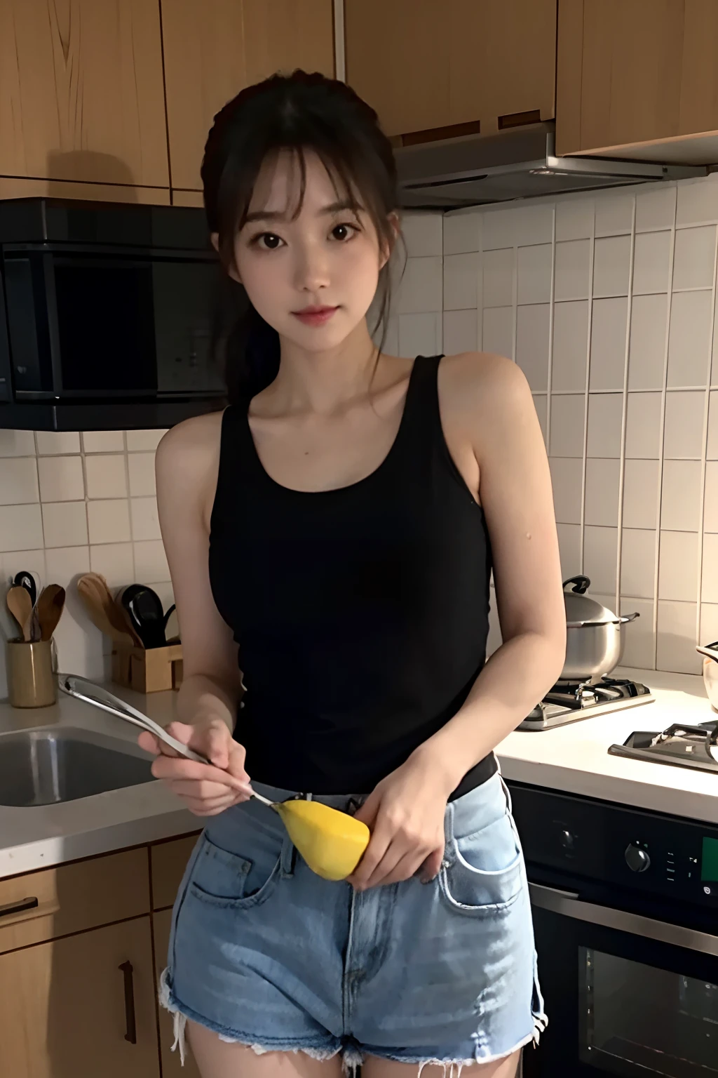 there is a woman standing in a kitchen holding a fork, she is wearing a black tank top, chiho, cooking, mango, mangy, harumi, mao hamaguchi, narumi kakinouchi, rin, young and cute girl, young pretty gravure idol, cooking show, ayami, thicc, in the kitchen, korean girl, handsome girl