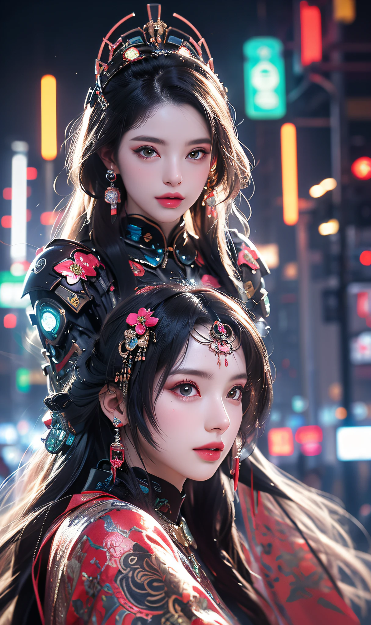 1 menina, Chinese_clothes, titanium black metallic and pink, cyberhan, cheongsam, cyberpunk city, dinamic pose, fones de ouvido luminescentes detalhados, luminous hair accessories, cabelos longos, brincos luminosos, colar brilhante, cyberpunk, cidade de alta tecnologia, full of mechanical and futuristic elements, futurista, tecnologia, neon brilhante, rosa, luz rosa, saia sexy, translucent black cover, luz laser, digital background urban sky, lua grande, with vehicle, melhor qualidade, obra-prima, 8K, luz de borda de personagem, super alto detalhe, alta qualidade, a mulher mais bonita em seres humanos, sorriso, rosto voltado para a frente e simetria esquerda e direita, ear decoration, brilho longo da antena, belas pupilas, efeitos de luz, dados visuais, cabelos tingidos de cabelo vermelho-laranja prateado, textura facial ultra-detalhada, feliz e orgulhoso, sistema de armas, transeuntes de rua lotados, estilo mecha, using a bright antenna on the head, injetor nas costas, female sitting position, encolhimento lateral da perna