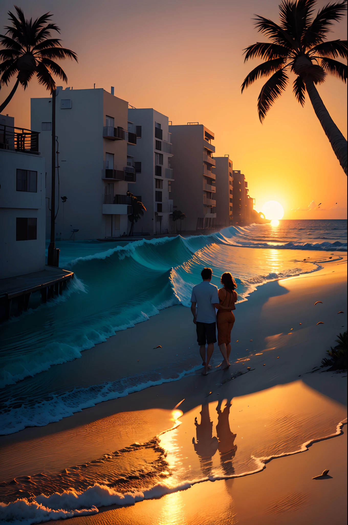 "beautiful sunset on a beach,serene ocean waves,soft golden sand,tropical palm trees,silhouettes of a couple walking hand in hand,seagulls flying in the distance,crimson and orange hues,pure white clouds,faint sound of waves crashing,tranquil atmosphere,high resolution,majestic scenery"