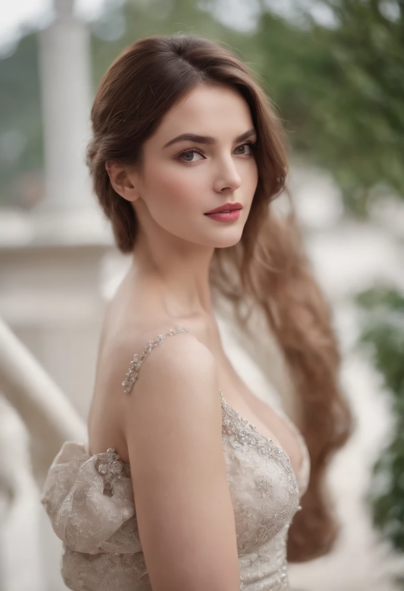 luxurious woman with large breasts stands with her back to the camera