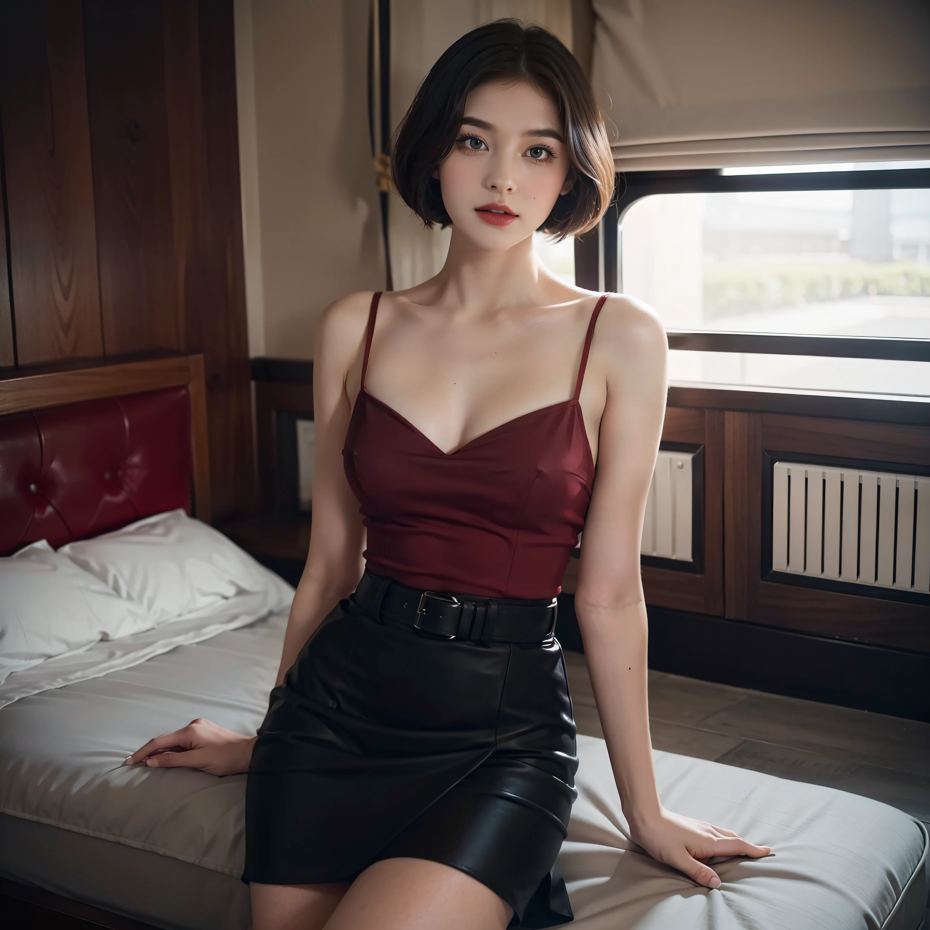 Mallory Malone's costume description is very detailed, Unique and interesting style. toppless,barechested,、A fitted black knee-length skirt with red accents creates a striking visual contrast. The addition of a black heel with ankle strap is、Adds a classy touch to the look. Apart from clothes, Vintage 1950s Bob Hairstyles、Adds a retro and timeless element to Mallory Malone's style. This type of hairstyle is、Known for its neat and short appearance, Typically、Jaw length with both ends turned inward. This hairstyle selection is、Add a vintage touch to the look、Complements Mallory's overall style. Makeup also plays an important role in the appearance of Mallory Malone. Although there are no specific details about makeup mentioned in the description, It is possible to imagine that she may be rocking a 1950s-inspired look.Happy,I see underwear,taking off shirt,Chest exposed,toppless,