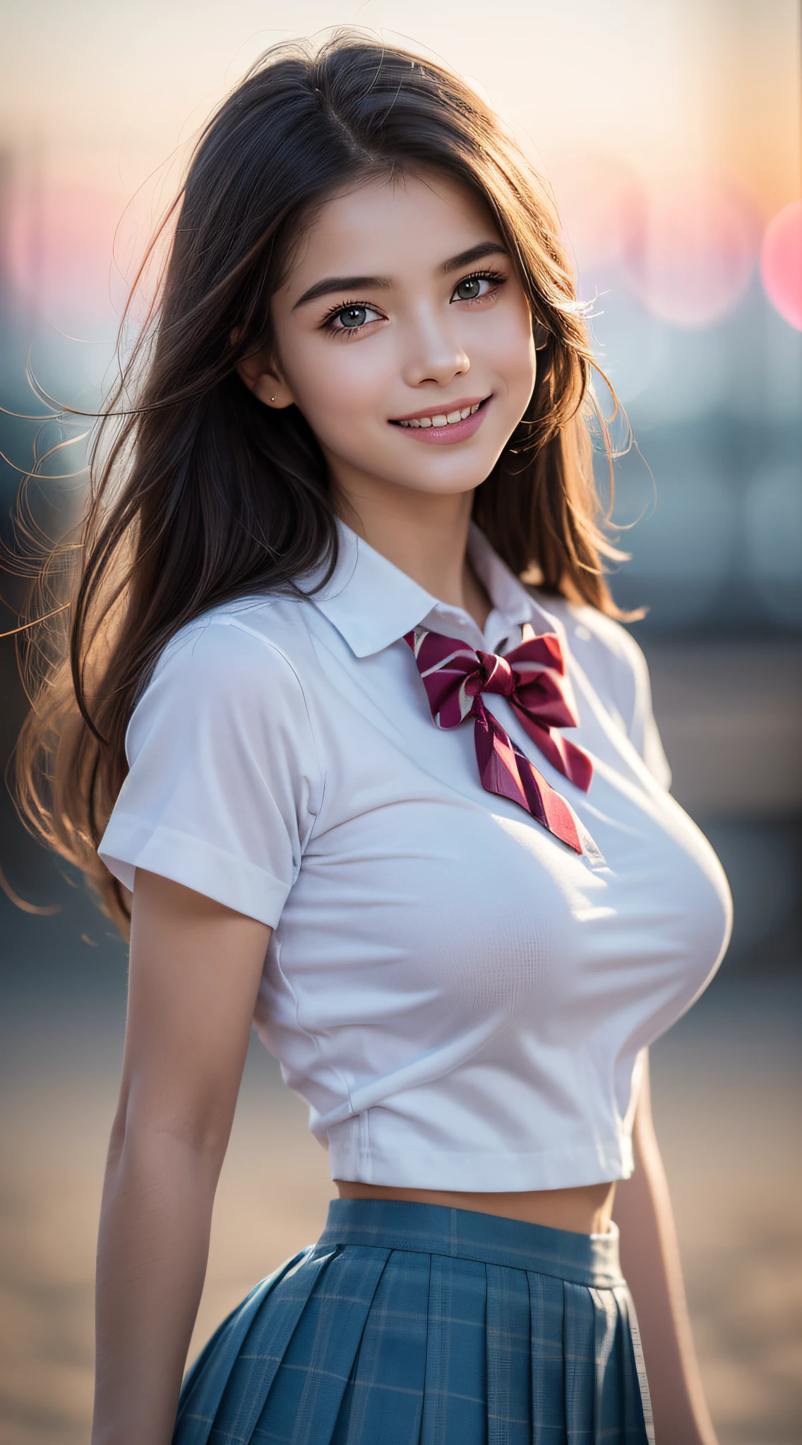 (1young girls), (highly detailed Beautiful face), Amazing face and eyes, (Best Quality:1.4), (Ultra-detailed), (extremely detailed CG unified 8k wallpaper), Highly detailed, High-definition raw color photos, Professional Photography, Realistic portrait, Amazing face and eyes, Pink eyes, (hi-school uniform, pleated mini skirt:1.3), brown hair, model, smile shyly, (beautiful breasts:1.3), (((Bokeh))), depth of fields, depth of fields, beach, twilight, sunset,