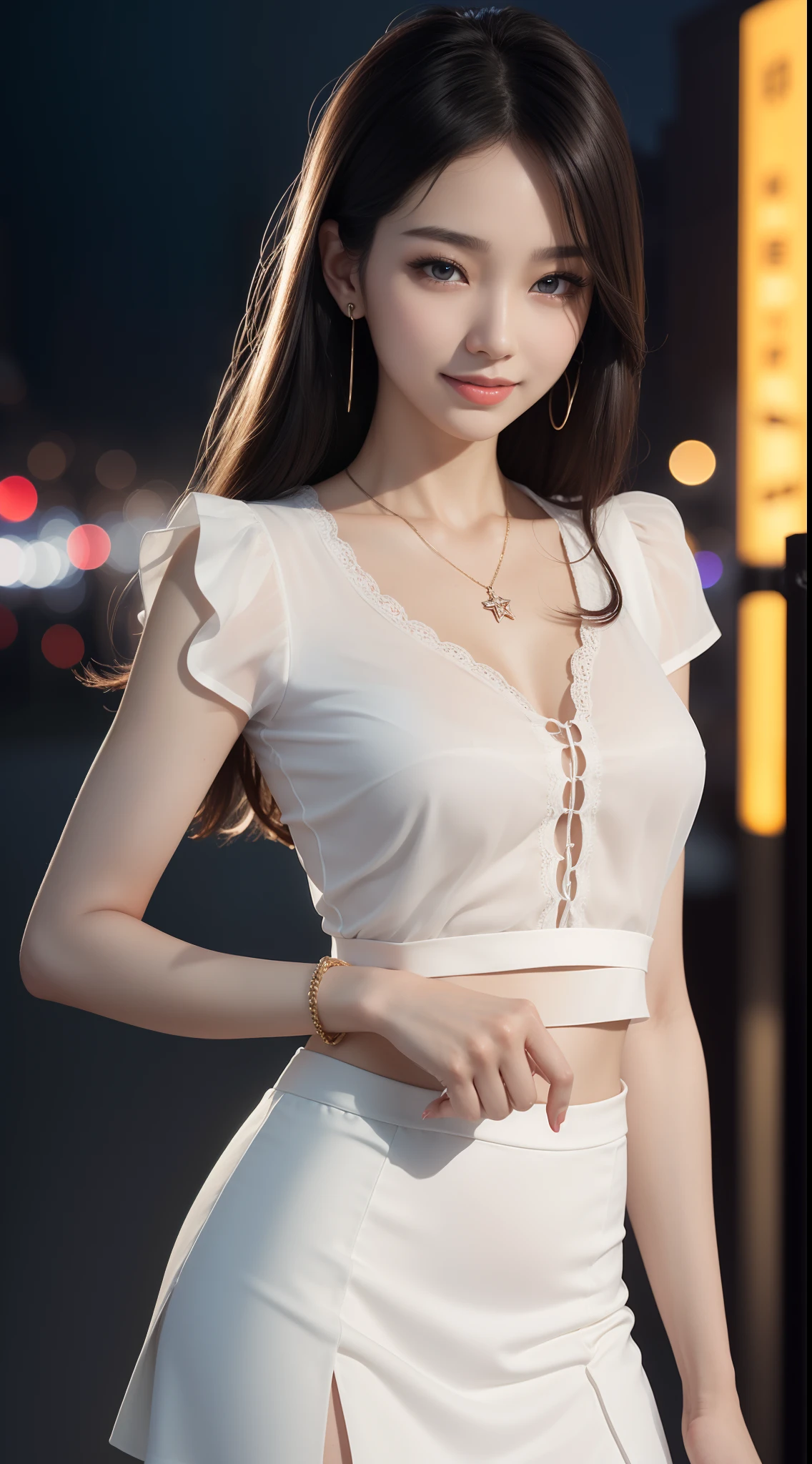 8k, table top, RAW photo, highest quality, realistic, Highly detailed CG Unity 8k wallpaper, written boundary depth, cinematic light, Lens flare, ray tracing, (very beautiful face, beautiful lips, beautiful eyes), face with intricate details, ((super dense skin)) 1 girl, in the dark, deep shadow, cute korean girl, Flashy makeup with red eyeshadow，her shortcut, Delicate light brown hair is slightly disheveled with side waves.，wearing large ring earrings，K-POPアイドル, 1 girl, (very slim and slender fit muscular body:1.3), ((looking at the viewer)),(big smile:1.3), (magenta and black blouse), (sleeve fashion city night, dark night, (neon sign), (blurred background), fashion street night),(no people in the background:1.3), beautiful earrings, bracelet, necklace, pantyhose, clear eyes, walk, (white skin), (big eye ace forward, ((upper body shot)), ((silk collar dress:1.3)),(brown hair),((tight fit lace dress)), (See through), (looking at the viewer:1.3) open chest, very slim, medium breasts, backtracking,((buckshot)), See through, Middle butt, mini skirt:1.5，up hair, From above:1.5，You can see the lines of the full back pants:1.4，