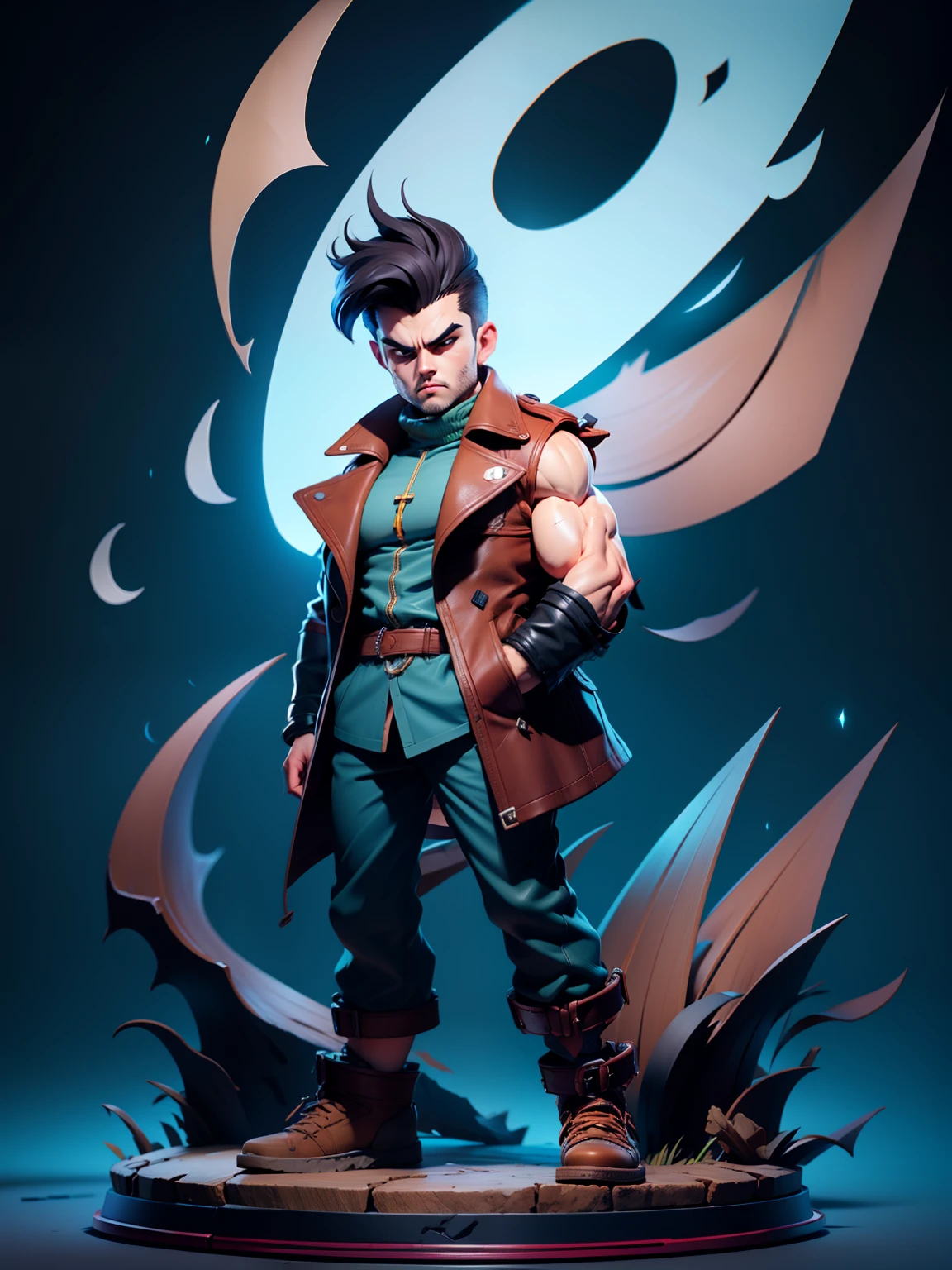 Full body shot, comic male character, short hair cut, muscular, wearing high collar flowing leather trench coat, sleeveless jackets, standing side view with hand crossed pose, sc3D 12K resolution of style character in detailed full body, ocean, storm, dark cloud background, highly detailed, vibrant, ultra high quality, Hyperrealism, Photorealism, Cute, chibi,