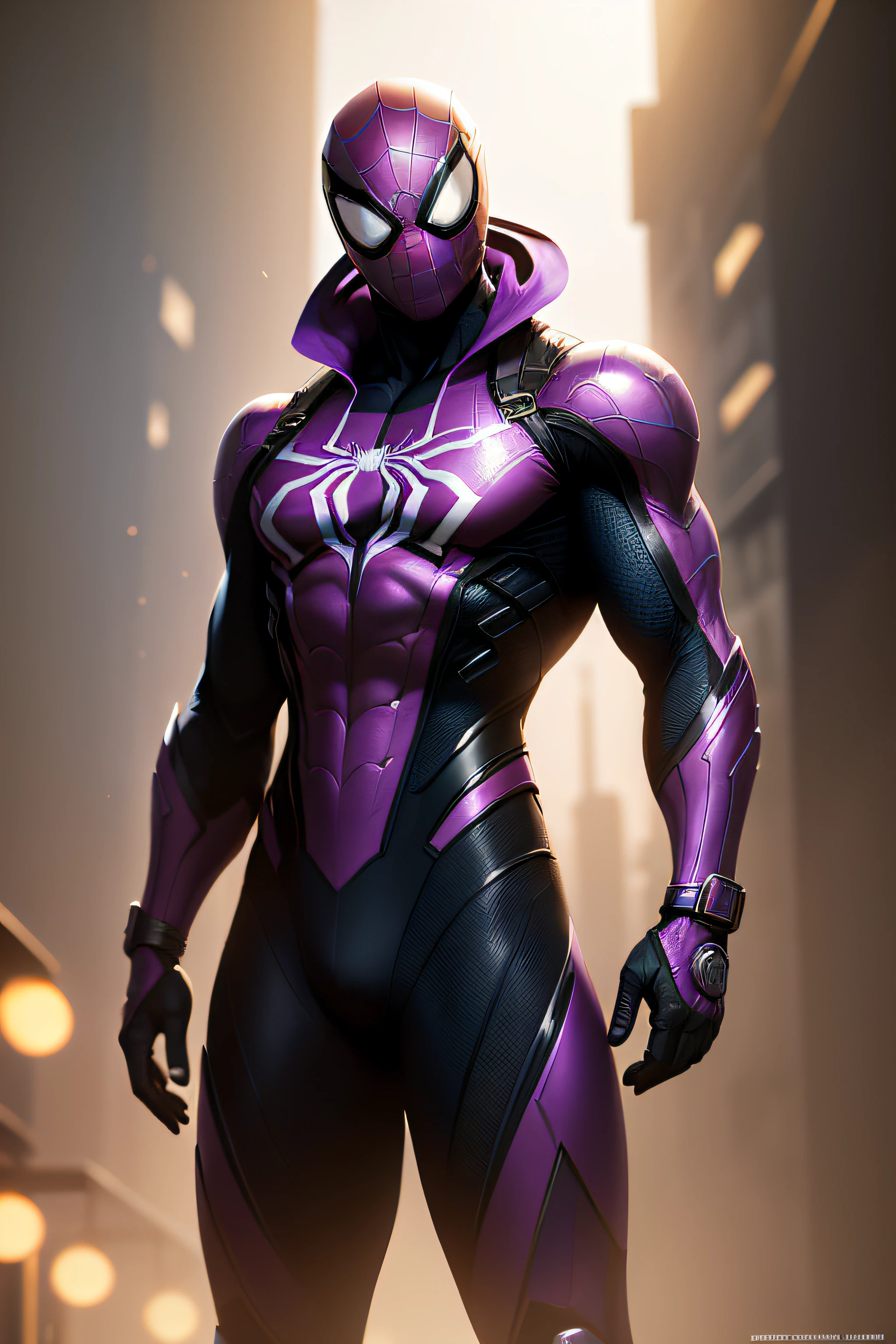 Purple Spider-Man,( Purple suit),(Purple helmet)(Color 6.9)(Male characters)(Full body suit) hdr, hyper HD, 6.40,000, highly detailed, professional photoshooting:Sergio Nogueira, trending on artstationh, unreal-engine, Vivid colors, High-resolution scanning,cinmatic lighting + 35mm, photography of + Bokeh + lens flare glow + filmgrain, Aesthetics,Natural soft light,Blender and Photoshop,The trend is at ArtStation, iolibt, vfx,concept-art,(Top color contrast ratio1.2),Maximum resolution 32K,(Saturation 1.6),، simple,(ultra detailed1.9),Detailed drawing,vectorised,contours,profesional lighting,hyper HD,(Photorealsitic:1.4),RAW photography,Perfect eyes,8K,32K,(Difficult clarity 9.9)