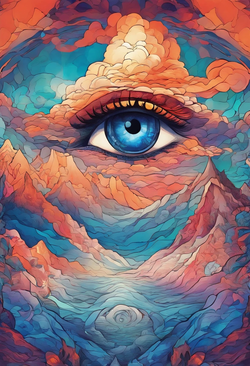 eye in the middle of a cloud of volcano smoke, Volcano erupting with eye on top, tons de azul, arte digital inspirada em Cyril Rolando, surrealismo, Portrait of a giant eye in the smoke of a volcano, mystic eye, nuvem de fumo com um olho, surrealismo