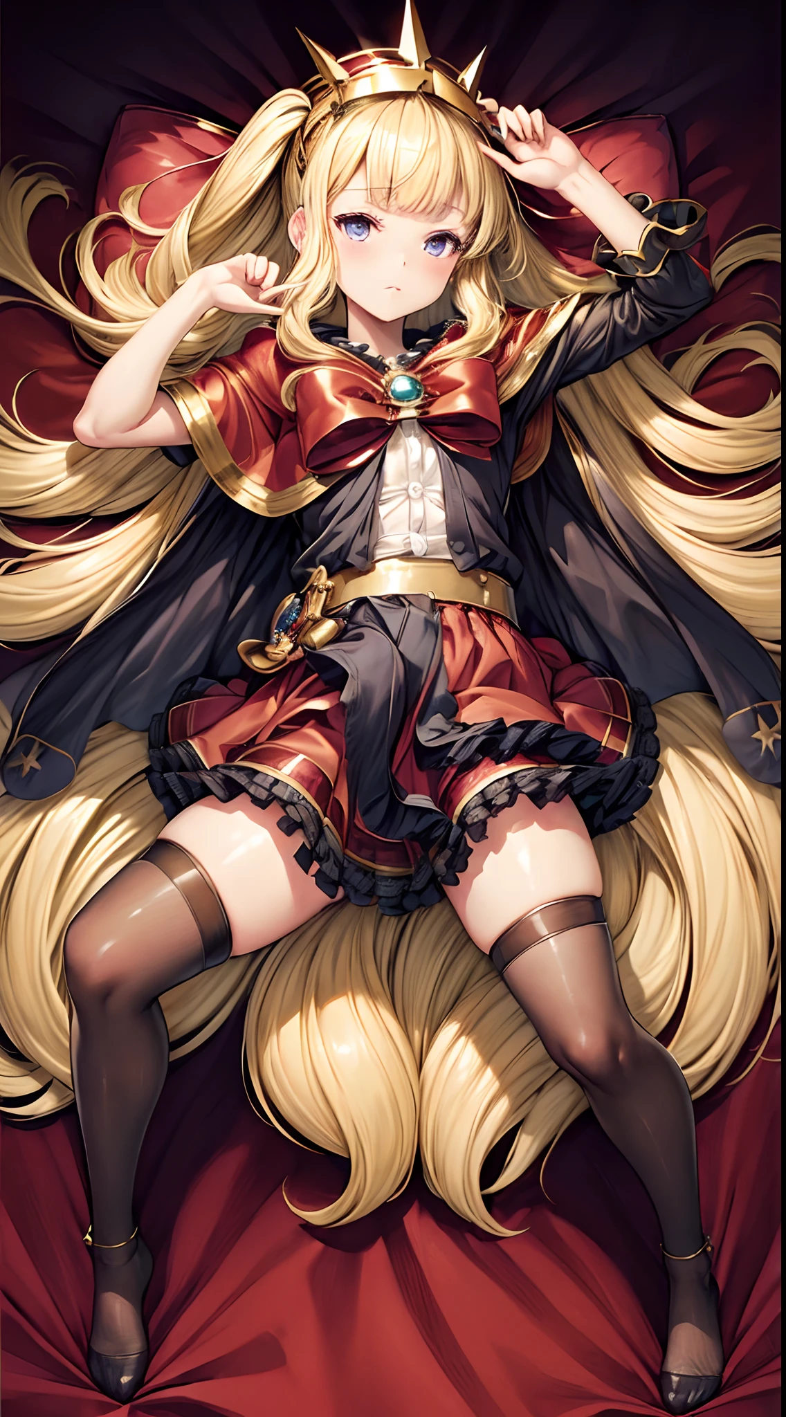 Masterpiece, Top Quality, High Resolution, Very Detailed, Detailed Background, dakimakura, laying on back, flat, full body, Cagliostro, long hair, blond, hairband, crown, black thighhighs, pussy_outline, nipple_outline