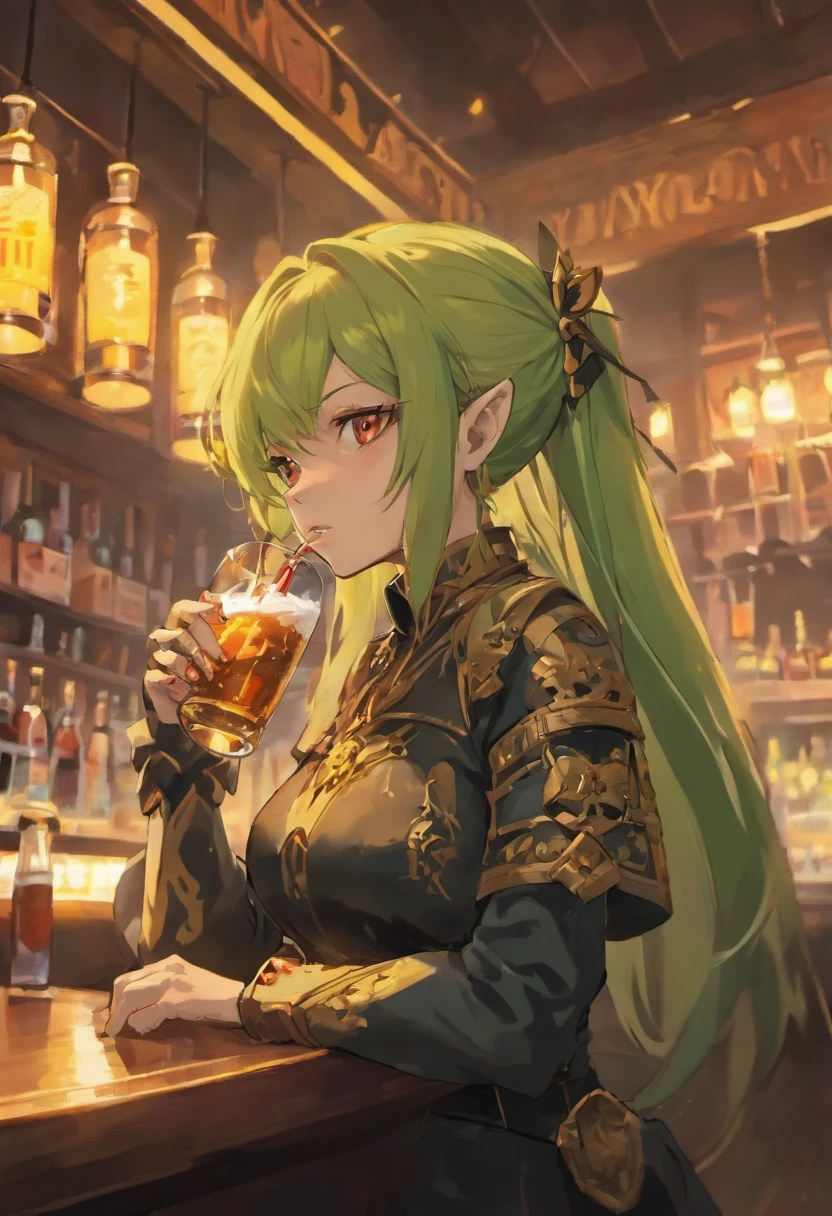 Male, young elf, green eyes, Long haired, blonde, ponytail, hair covering one eye, looking away, drinking purple drink, party, bar, relaxed