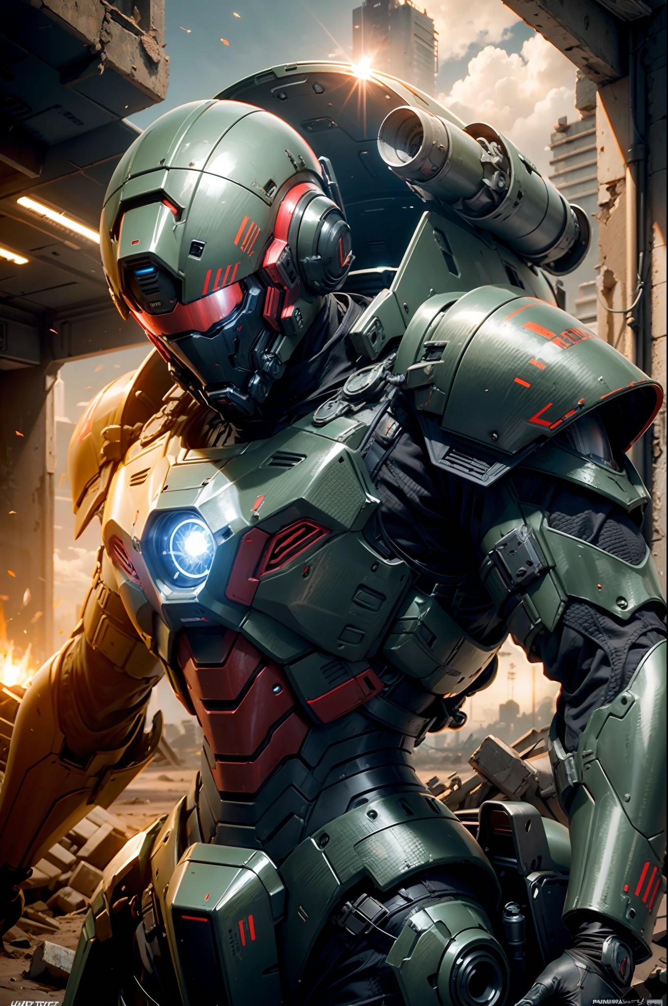(Futuristic:1.4), Unidade de Busca e Salvamento,1 androide masculino, Searching in ruins with scanning devices, ((futuristic armor AND tactical helmet)), ((PLANETA VERMELHO no fundo)) , UHD, master part