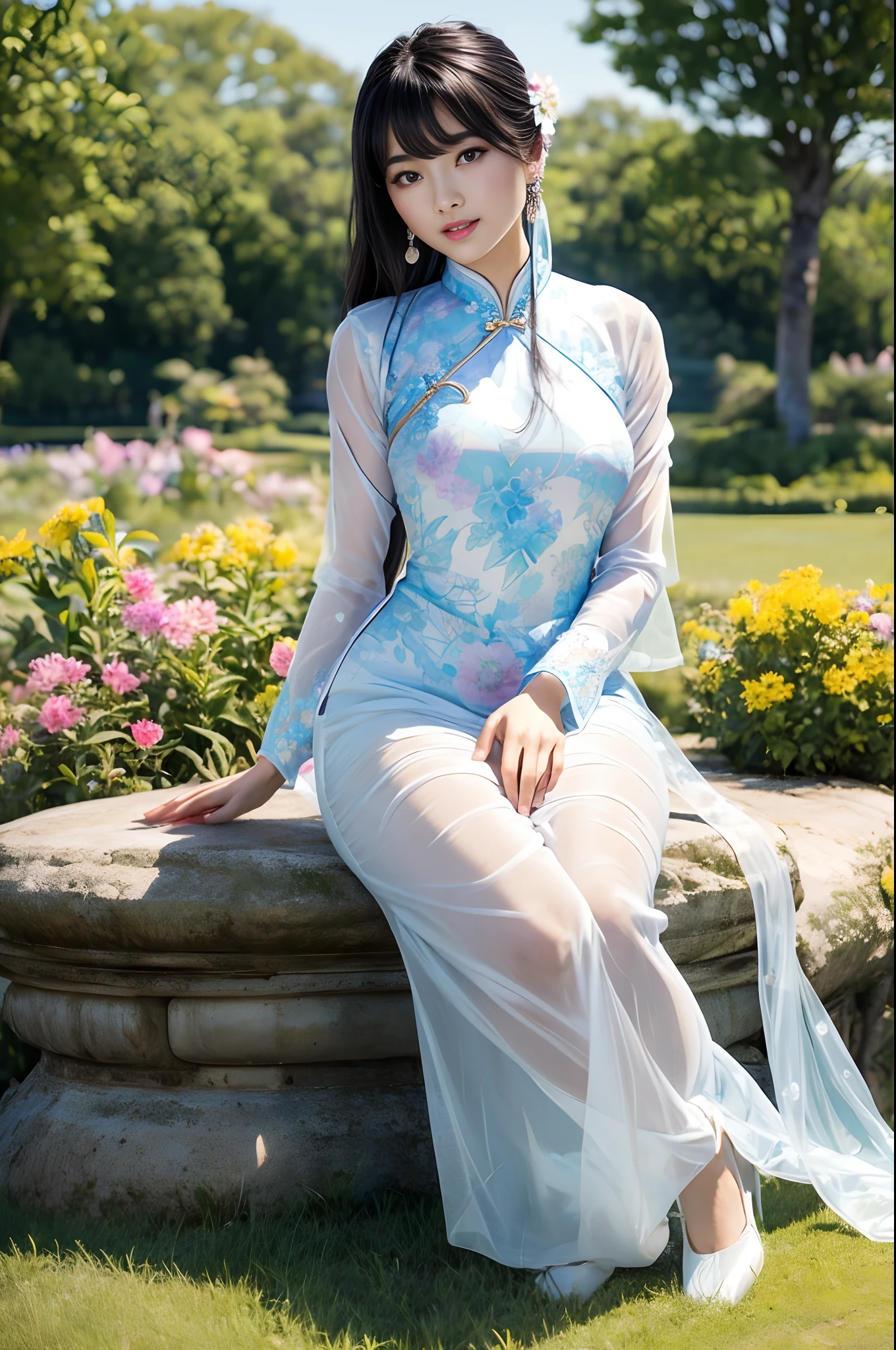 Timeless charm、Elegance、Ultra ultra high definition like a photo movie、Super Real、8K、nffsw、An ultra-high picture quality、masterpiece、In the middle of the flower garden、cowboy shot、Vietnamese girl、One girl、(Translucent Ao Dai:1.5)、(rot)、Beautiful sexy bra、Beautiful sexy panties、soft smiling、Black eyes、Long black hair regurgitated、beautiful countenance、Exquisiteface、perfectly proportions、Drop-shaped chest、爆乳、Constriction、Navel、Crotch gap、Reinforced round buttocks、well-shaped neat buttocks、thighs thighs thighs thighs、Sexy Soft Pose、Curved shape、beautiful curves、Elegant and vivid Ao Dai、relax、Flowers blooming around、Complex pattern、Vibrant colors、Garden with colorful flowers、A paradise of natural beauty、A quiet、Gorgeous、 (Depth Fields:1.3), Beautiful flower garden in the background、(the background is blurred:2)、