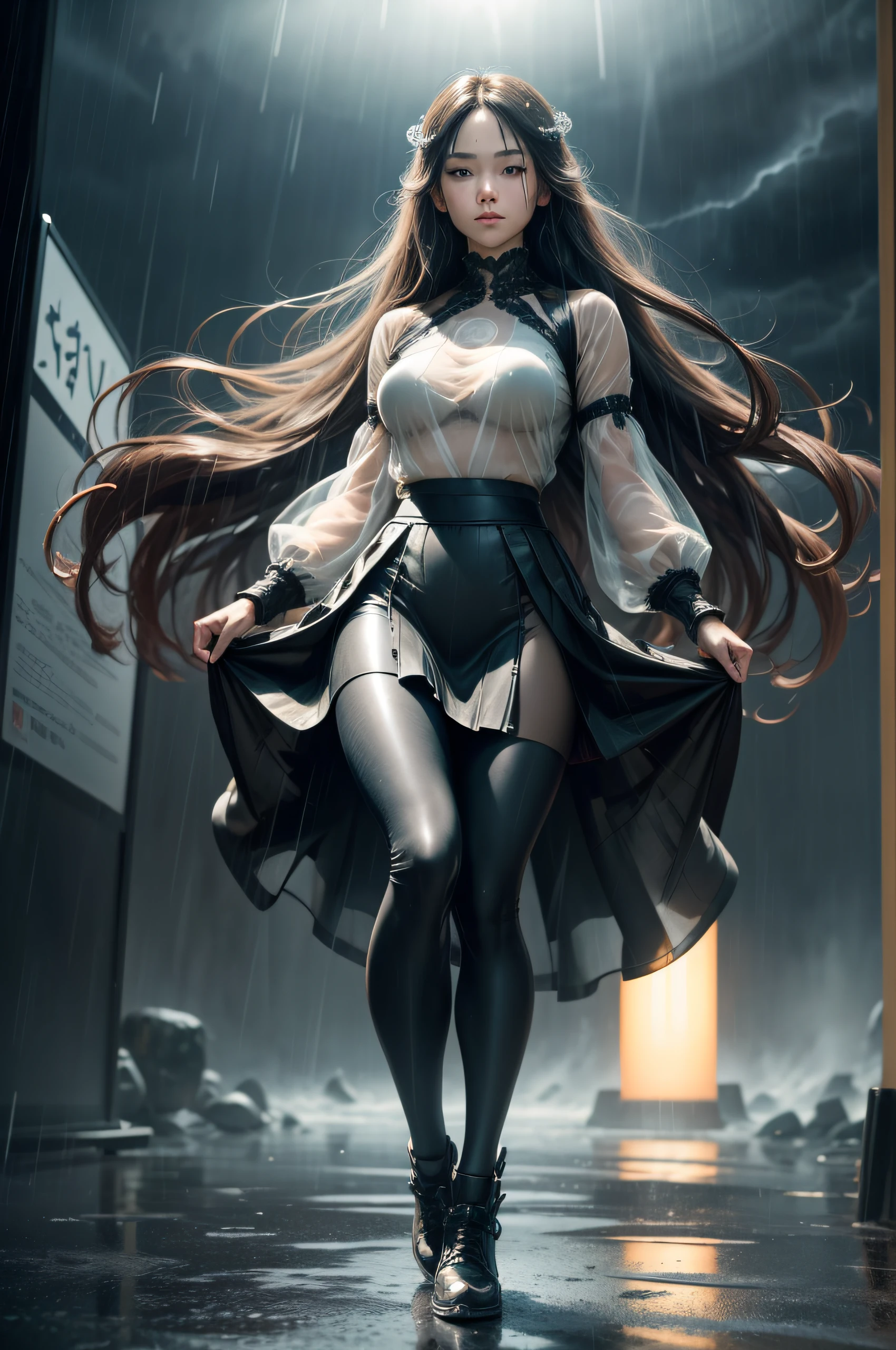 ((full body photograph)) of a Japanese woman, (skirt and long tights), (detailed face), perfect nails, wet hair, very long hair, (proud face:1.2), Jpop idol, (RAW photo:1.2), (photorealistic:1.4), (masterpiece:1.3), (intricate details:1. 2), open neck, delicate, (head_scale:0. 8), beautiful detailed, (detailed eyes), (detailed facial features), tall woman, narrow waist, close-fitting, (medium-sized breasts), ((((leggings, sheer clothing, circle skirt))), (looking_at_the_viewer), front view, (best_scale:1. 4), (ultra highres:1.2), cinema light, outdoor, ((heavy rain, strong wind, storm)), megalopolis, (extremely detailed illustration), (long eyelashes, best_scale, ultra highres, depth of field, caustic, wide lighting, natural shading, 85mm, f/1. 4, ISO 200, 1/160s:0.75) .