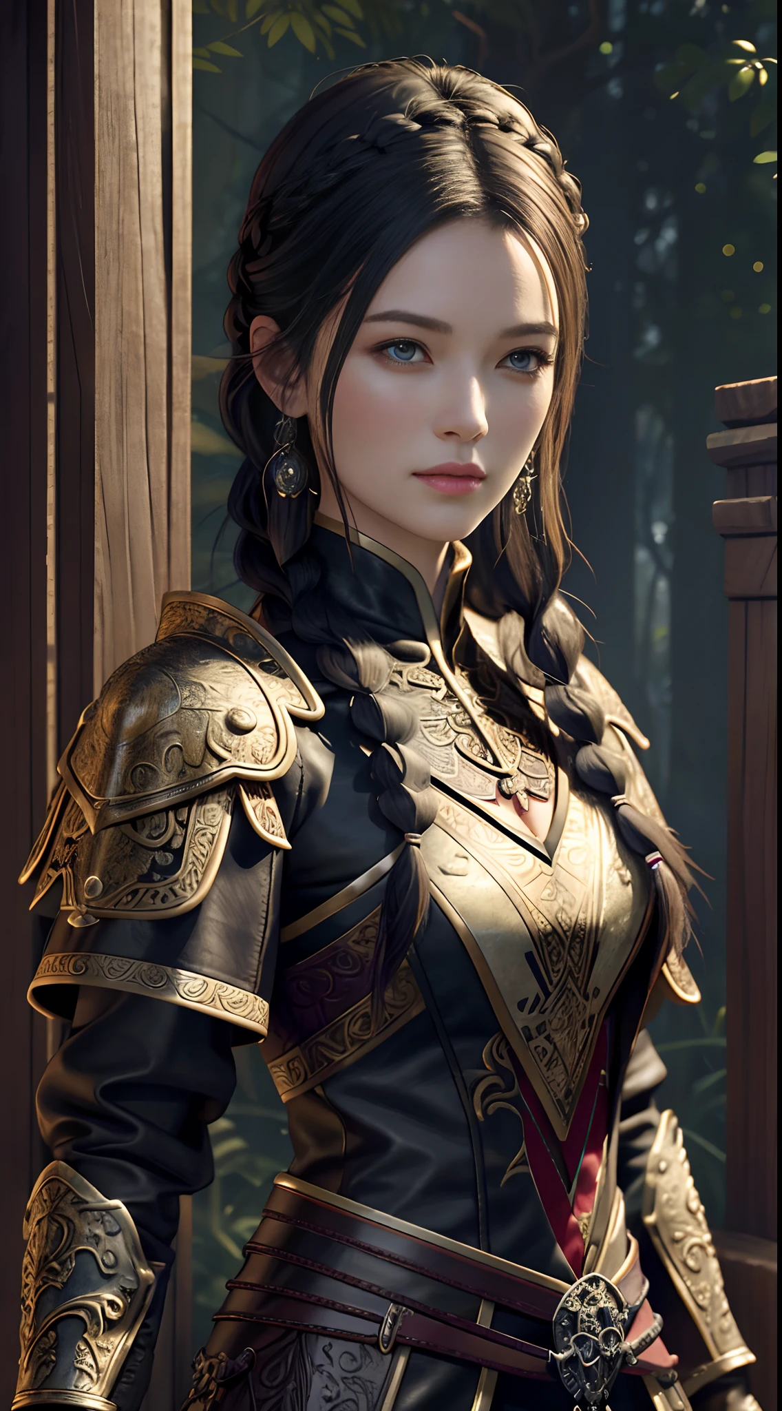 perfectquality，8K，2048 resolution，Fantasy shaman，Beautiful Chinese woman，Braiding hair，Wear lavishly decorated black leather armor，Skinny leather armor，photoreal render，dungeons and dragons，fanciful，rendering by octane，zbrush。character  design，realisticlying，unreal-engine，ultra - detailed，concept-art，trends in art station。 ((Best quality)), ((Masterpiece)), ((Realistic)), (Detailed), closeup portrait, full-body portraits, browneyes, wearing leather armor, Highly detailed skin and hair, looking at viewert, Fantasy art，Stunning gradient colors，No watermark signature，Closed mouth，detailed back ground，Dense jungle，Closed mouth，extremely detaile，（（tmasterpiece）），absurderes，hdr。