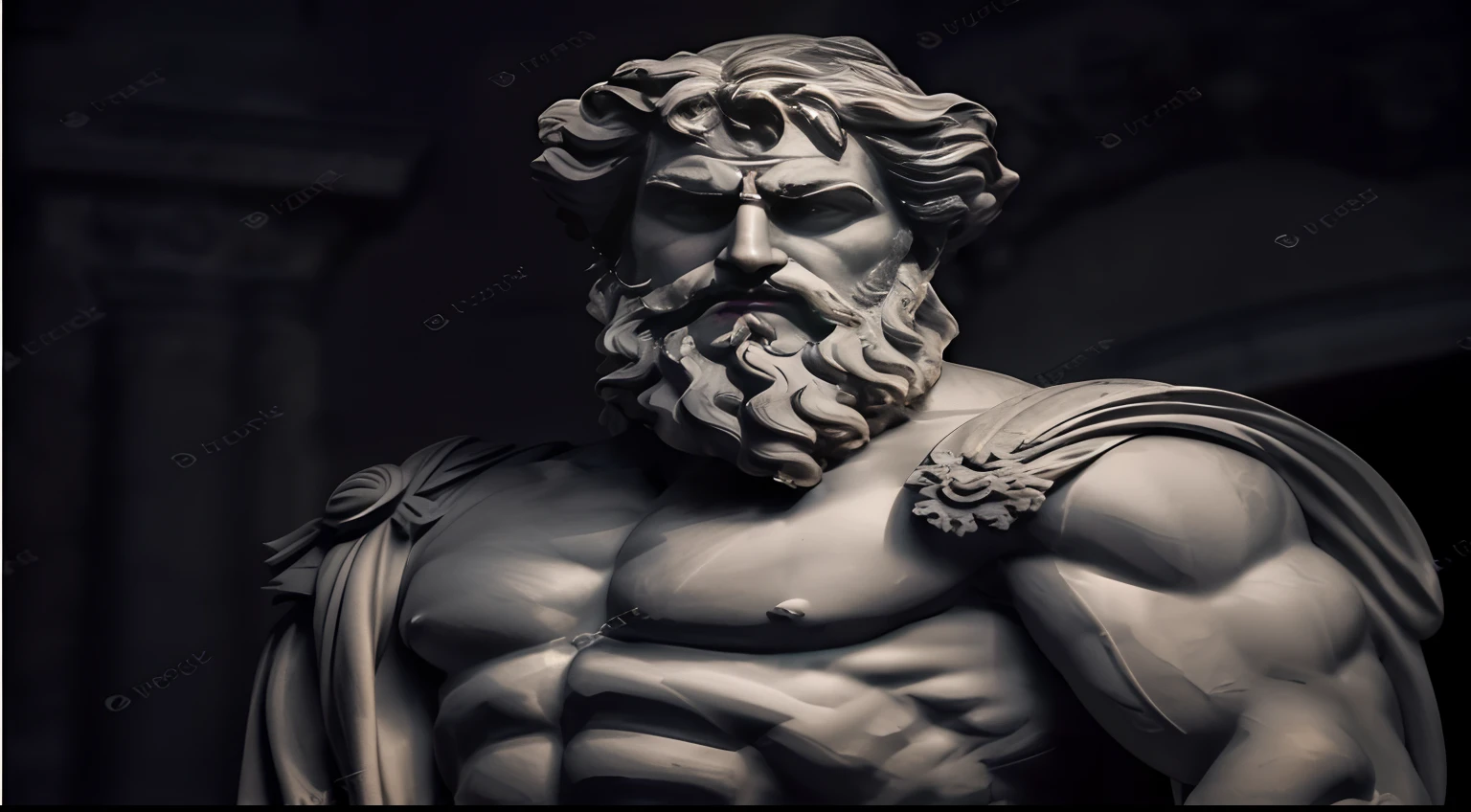 a statue of a man with a beard and beard, an ancient greek statue, greco roman statue, Furioso Deus Zeus, classic sculpture, deus grego, Retrato Zeus, O Deus Zeus, classical statue, ancient greek statue, Greek statue, Greek marble statue, statue of hercules looking angry, Retrato de Zeus acidentado, portrait of demigod hercules, Marble statues