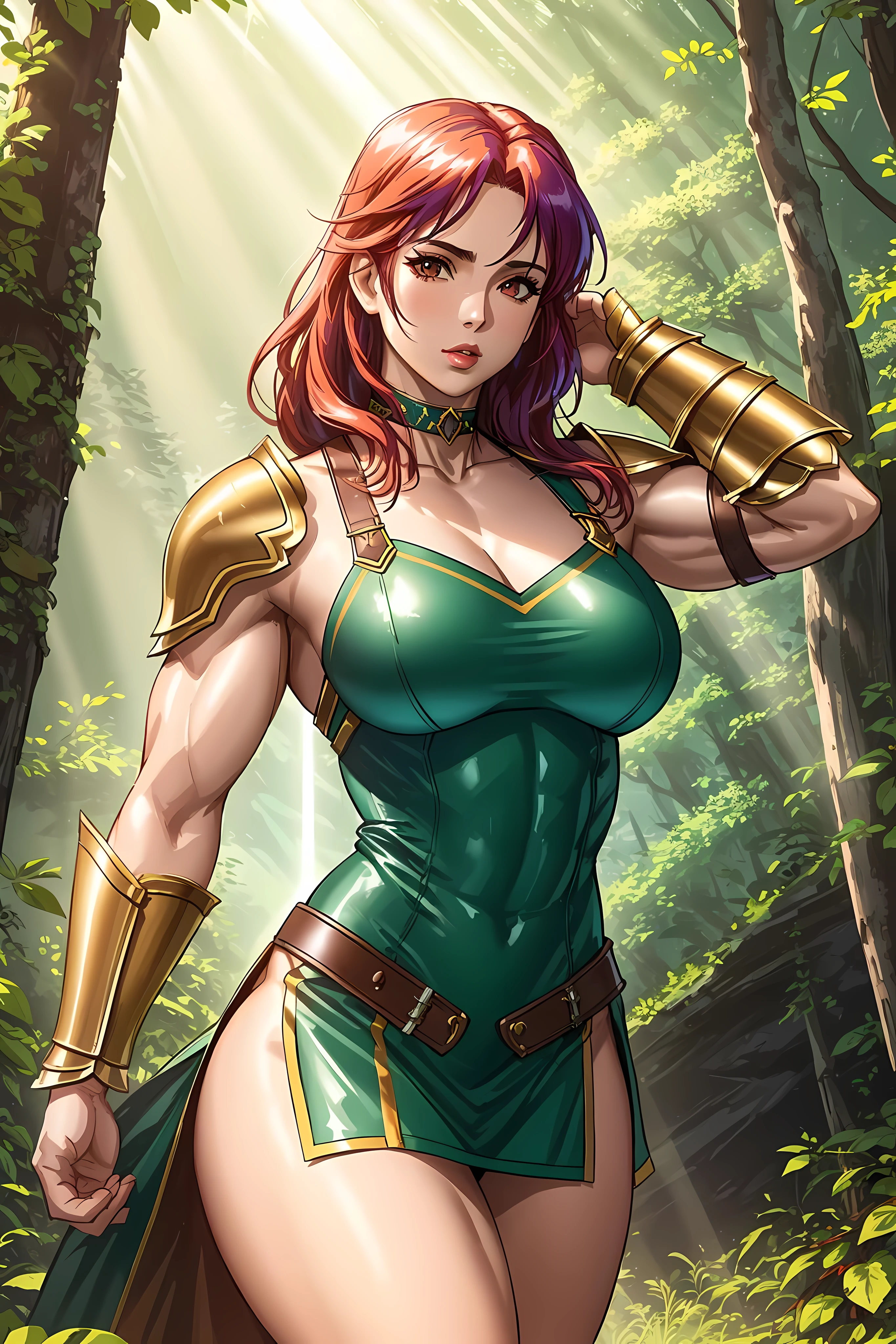 (1  muscular beauty female,warrior,half orc, humanoid,green skin, messy red hair,scar:1.3),large breasts, fantasy world, medieval, cave, mining operation, fortifications, (no bra,leather micro miniskirt, threatening armor, leg guard, gauntlets:1.2), red cape,dynamic fighting pose,dynamic angle,cameltoe,smile,(holding weapon:1.2),erected nipples,(tattoo on shoulder and legs :1.2),from below,spread legs,show off pussy