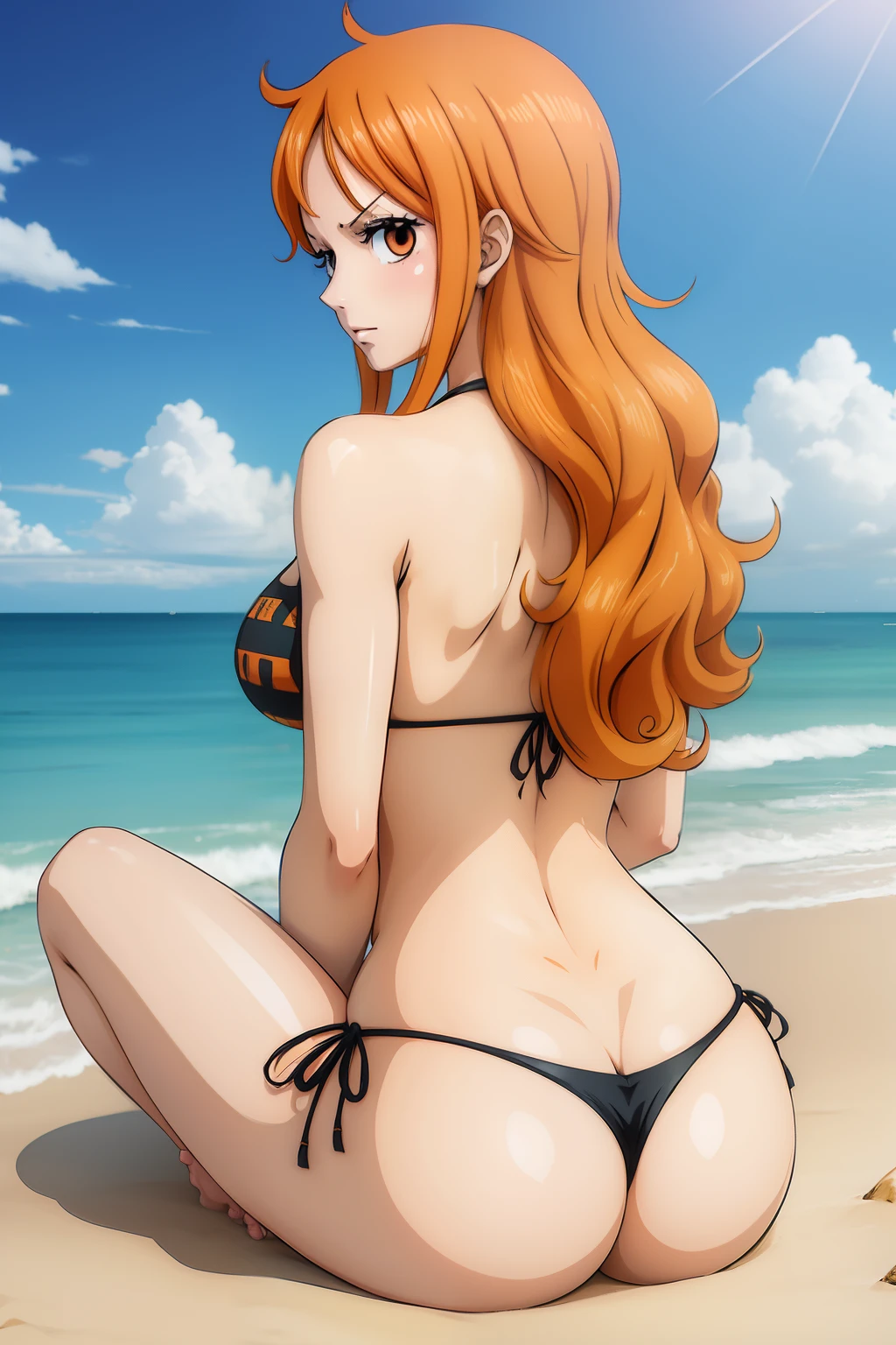 (ANIME ART STYLE), Nami from one piece, brown eyes, orange long hair, wearing Black bikini, shocking and blushing, sitting on beach, (ANIME ART STYLE), (NSFW), back view