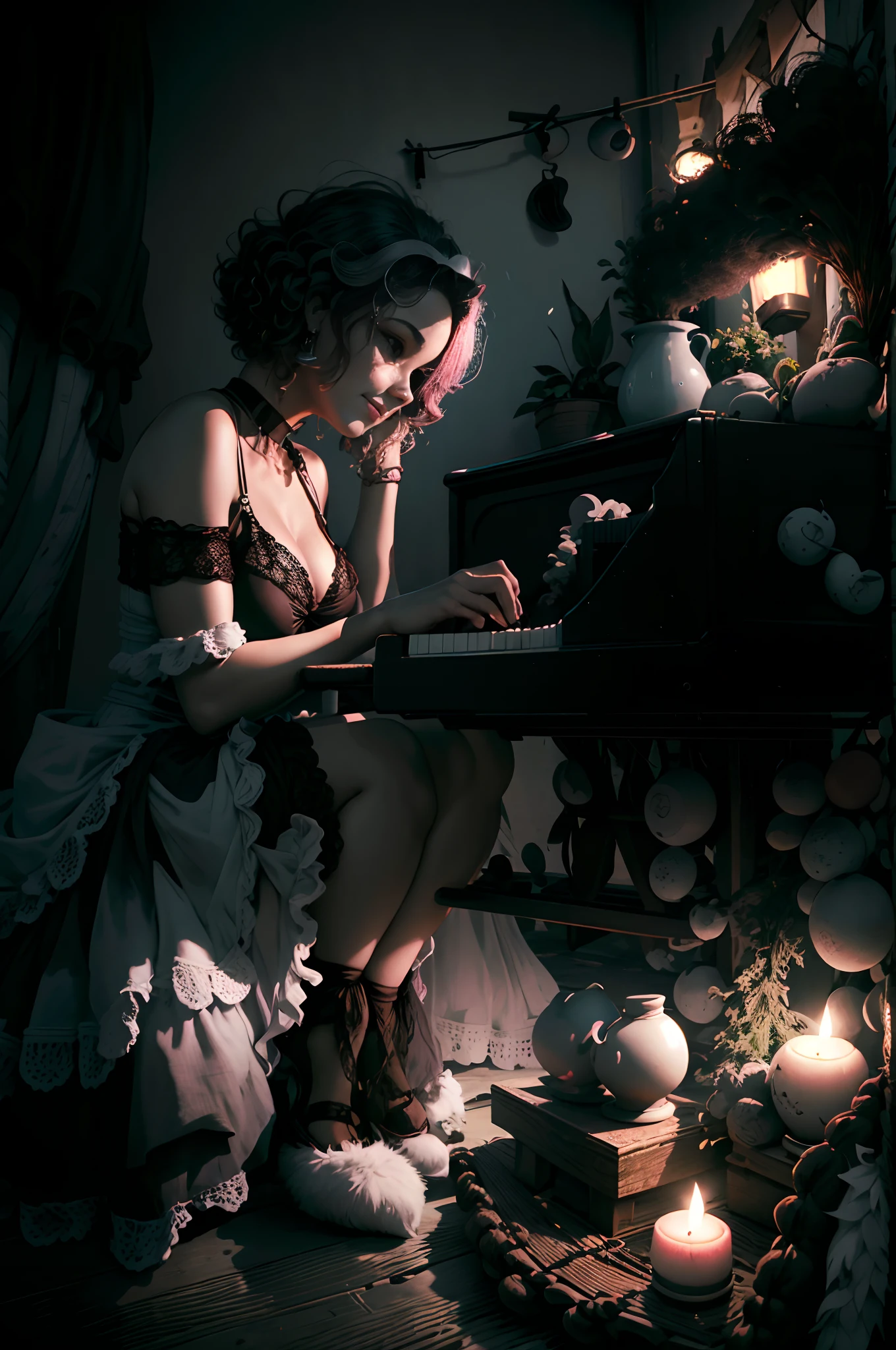 que toca piano em um quarto escuro,sombras suaves,Romantic music,belos dedos detalhados,best quality,Pouca luz,atmosfera mal-humorada,cercado por velas,piano de cauda,Flowing dress,estilo de jogo suave e apaixonado,tons de cor preto e branco,vintage feel,warm and intimate lighting,postura graciosa.