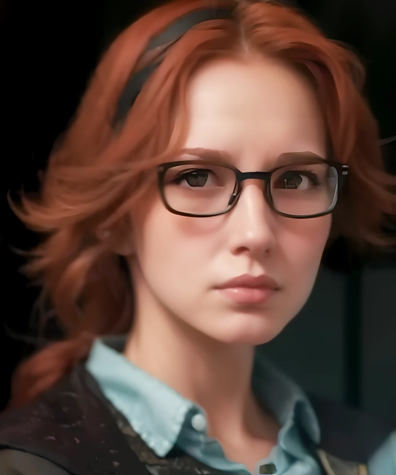 portrait of a sad redhead woman with glasses