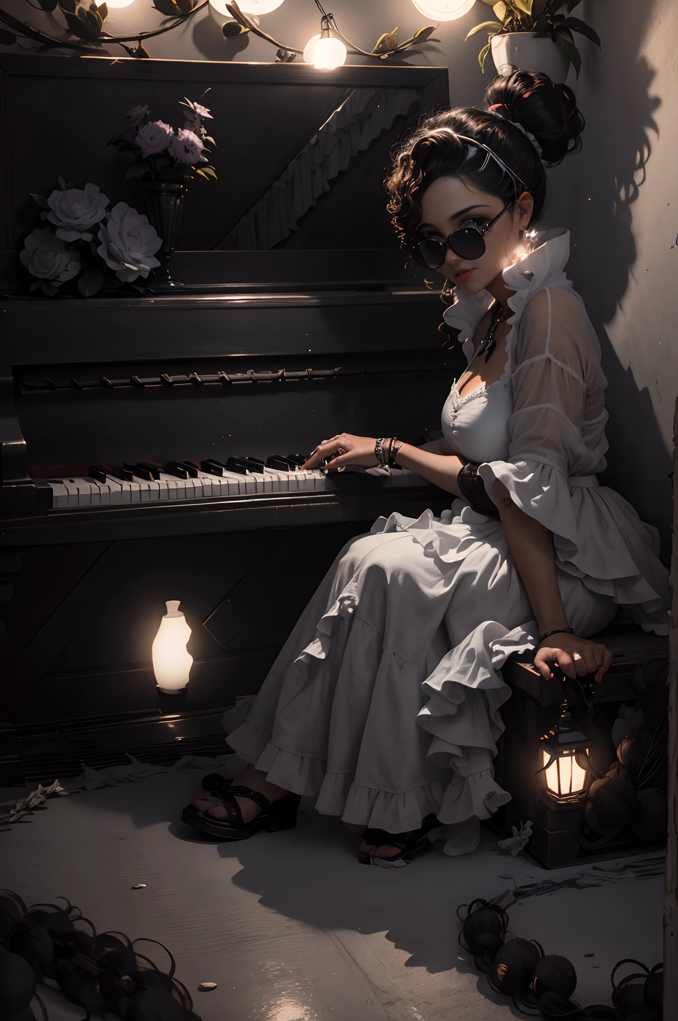 menina que toca piano em um quarto escuro,sombras suaves,Romantic music,belos dedos detalhados,best quality,Pouca luz,atmosfera mal-humorada,cercado por velas,piano de cauda,Flowing dress,estilo de jogo suave e apaixonado,tons de cor preto e branco,vintage feel,warm and intimate lighting,postura graciosa.