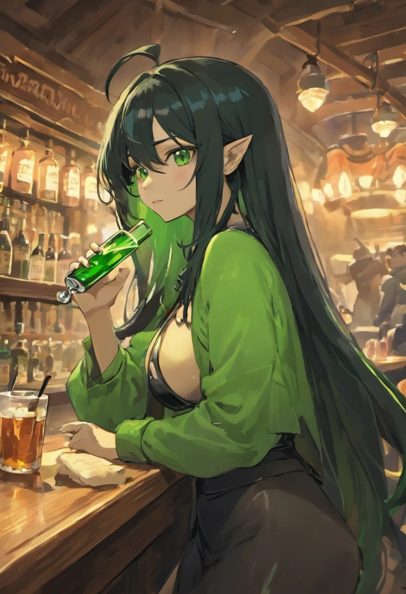 Masterpiece beautiful orc woman, Green skin, black long hair, tusks, drinking at a bar, wearing blacksmithing clothes. very strong. fantasy world, fantasy tavern pretty