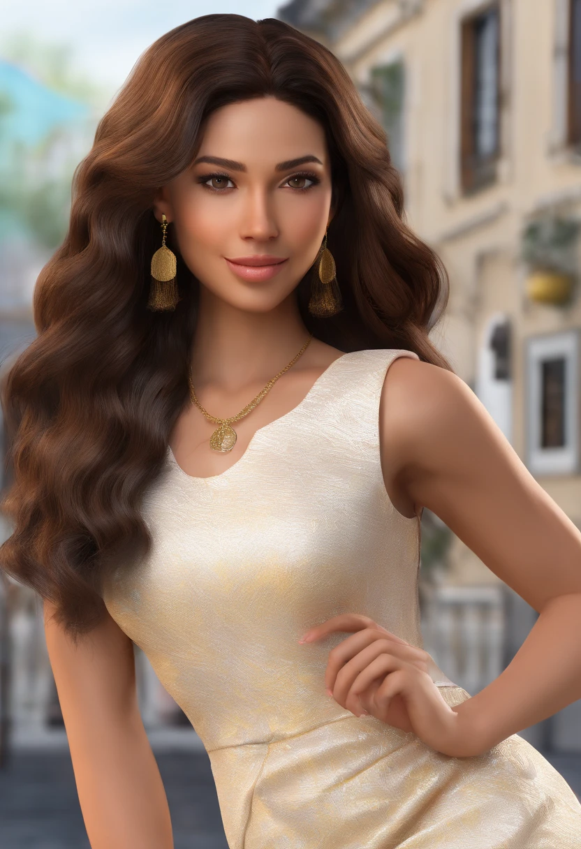 "Generate a hyper-realistic image of a young Colombian woman who embodies the typical beauty of Colombia. Her cinnamon-colored skin should have a vivid and natural texture, with details of light and shadow that accentuate her beauty. The eyes should reflect depth and expression, and the lips should be sensual and alluring. Her long, dark hair should fall in perfectly defined waves. Dress her in elegant attire that enhances her figure and her unique Colombian style. Ensure that the image has a background that complements her beauty and makes her stand out even more."