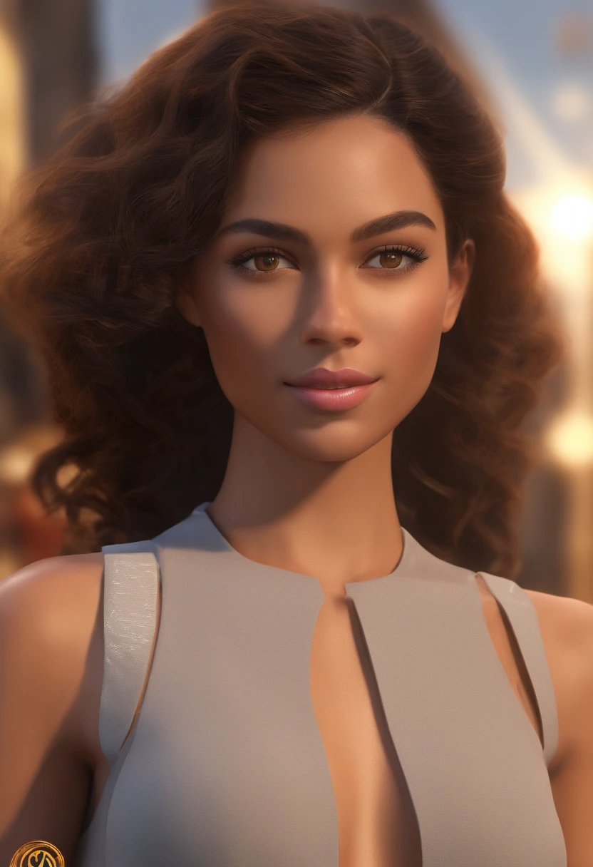 "Generate a hyper-realistic image of a young Colombian woman who embodies the typical beauty of Colombia. Her cinnamon-colored skin should have a vivid and natural texture, with details of light and shadow that accentuate her beauty. The eyes should reflect depth and expression, and the lips should be sensual and alluring. Her long, dark hair should fall in perfectly defined waves. Dress her in elegant attire that enhances her figure and her unique Colombian style. Ensure that the image has a background that complements her beauty and makes her stand out even more."