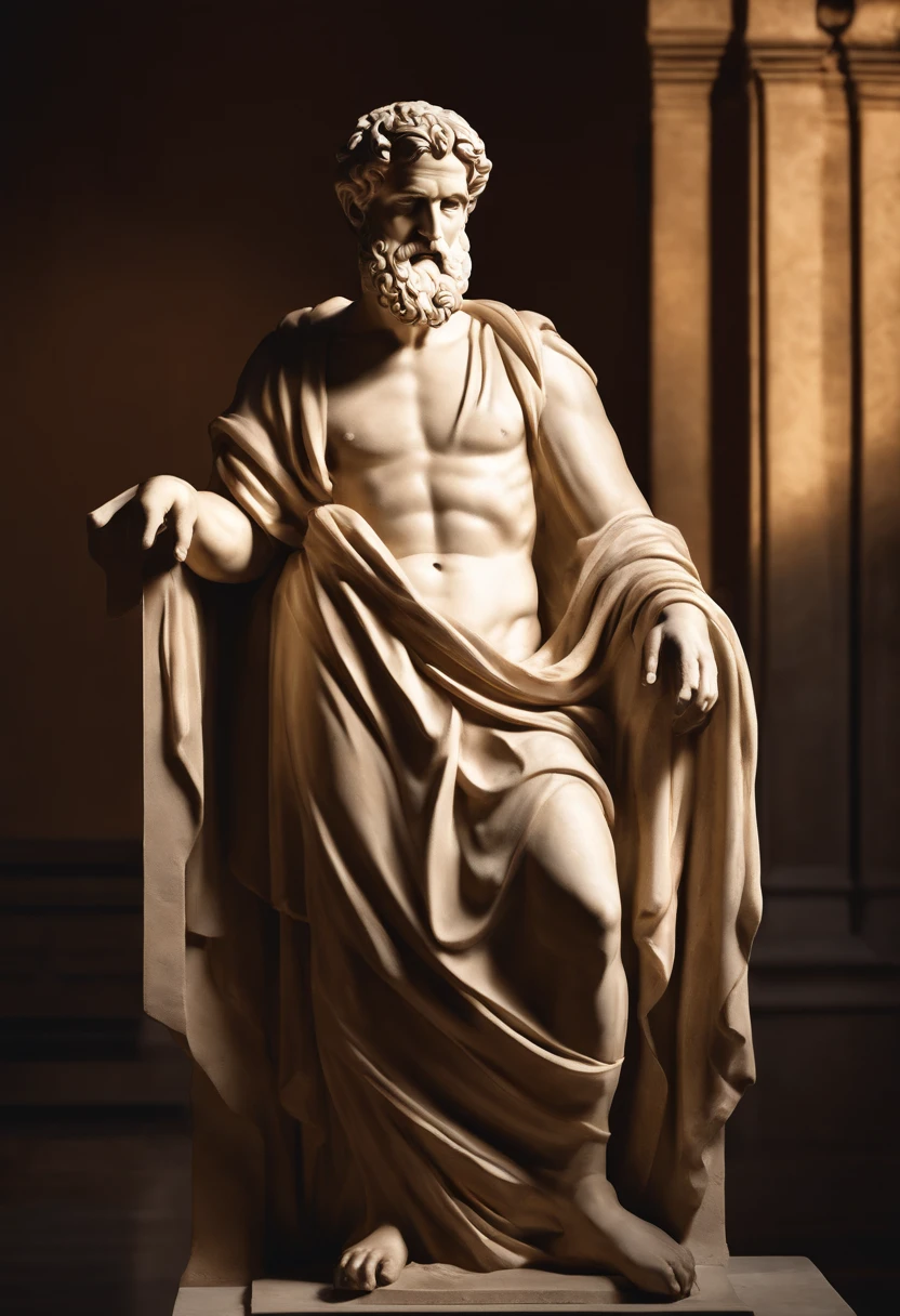 Create an inspiring 8K image depicting a 3rd century Greek philosopher.C., immortalized as a statue. Ambiente a cena em um ambiente sombrio e misterioso, with the figure of the philosopher blurred, but enigmatically illuminated by epic lights and shadows. The resulting image should exude the aura of deep contemplation and wisdom.