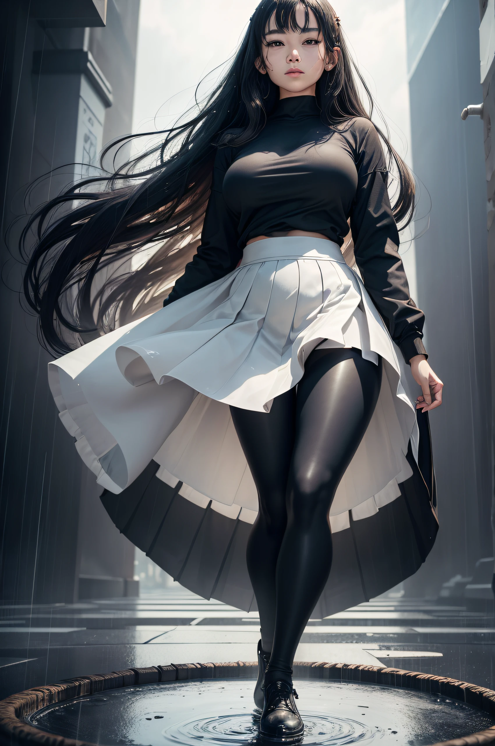 ((full body photograph)) of a Japanese woman, (skirt and long tights), (detailed face), perfect nails, wet hair, very long hair, (proud face:1.2), Jpop idol, (RAW photo:1.2), (photorealistic:1.4), (masterpiece:1.3), (intricate details:1. 2), open neck, delicate, (head_scale:0. 8), beautiful detailed, (detailed eyes), (detailed facial features), tall woman, narrow waist, close-fitting, (medium-sized breasts), ((((leggings, sheer clothing, circle skirt))), (looking_at_the_viewer), front view, (best_scale:1. 4), (ultra highres:1.2), cinema light, outdoor, ((heavy rain, strong wind, storm)), megalopolis, (extremely detailed illustration), (long eyelashes, best_scale, ultra highres, depth of field, caustic, wide lighting, natural shading, 85mm, f/1. 4, ISO 200, 1/160s:0.75) .