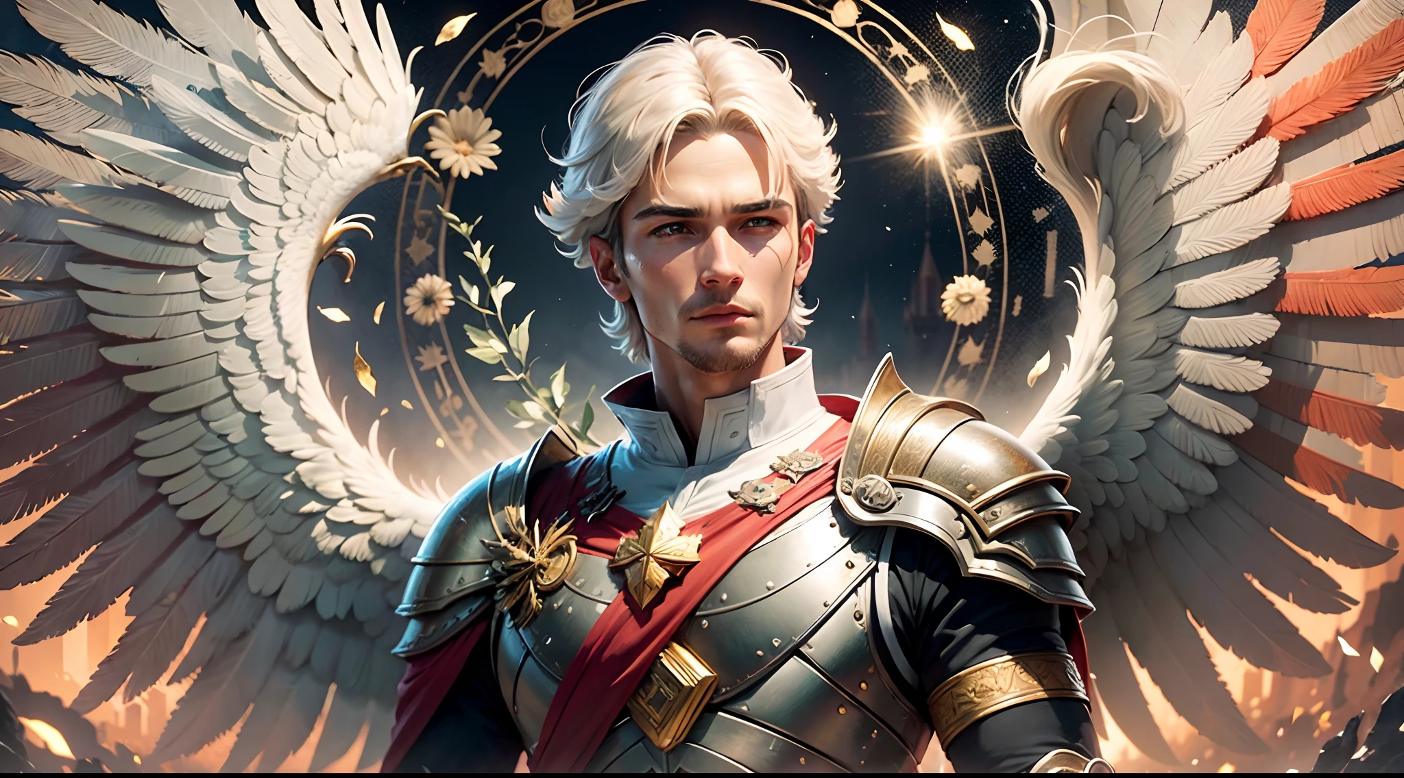 a closeup of painting of a man archangel, with wings and a book in his hands, archangel uriel,archangel michael, archangel, st. michael the angel, biblically heavenly angel, precise biblical angel, totalitarian socialist angel, inspired by God, biblically accurate angels, full of angel paintings, god art concept, uriel angel, large white wings, with green, red and white clothes, warrior of God, angel of money and gold, angel man looking at the horizon, heavenly armor --auto --s2