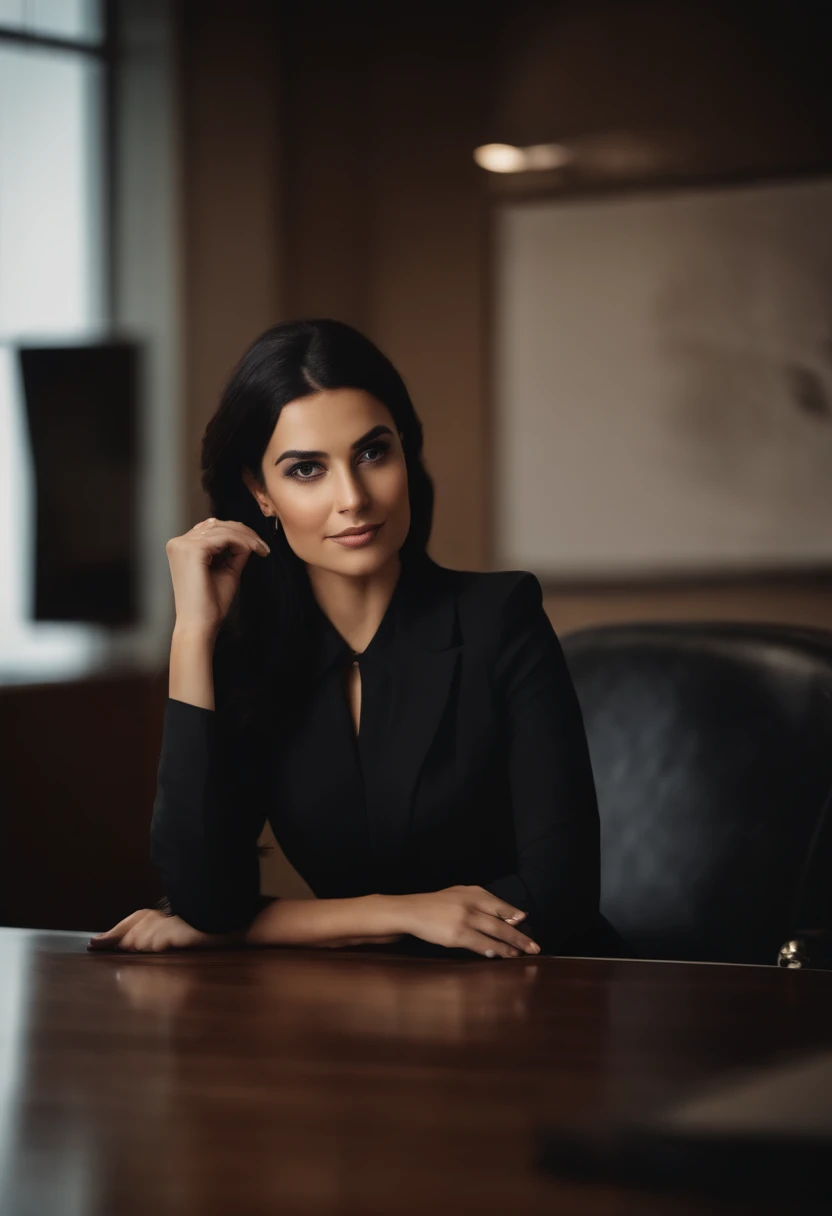 profissional, (4K Photo:1.1), High detail, wearing black business dress, Rosto bonito e detalhado, olhos pretos, black hair not too long, Forma do corpo, office boardroom with work desk, Windows