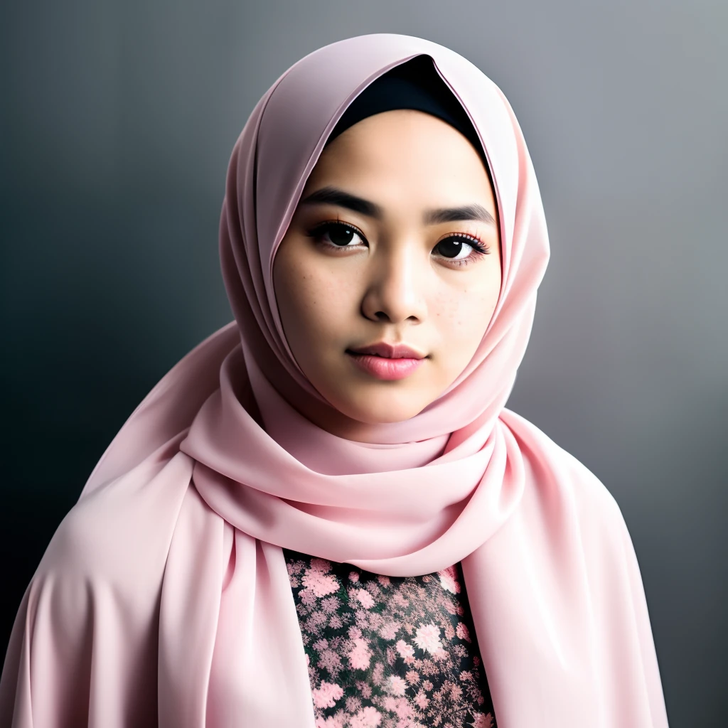 a photo portrait of a beautiful malay girl with hijab, (plain pastel pink hijab), (medium shot portrait:1.3), dramatic light , Rembrandt lighting scheme, (hyperrealism:1.2), (8K UHD:1.2), (photorealistic:1.2), shot with Canon EOS 5D Mark IV, detailed face, detailed skin texture, hold breast