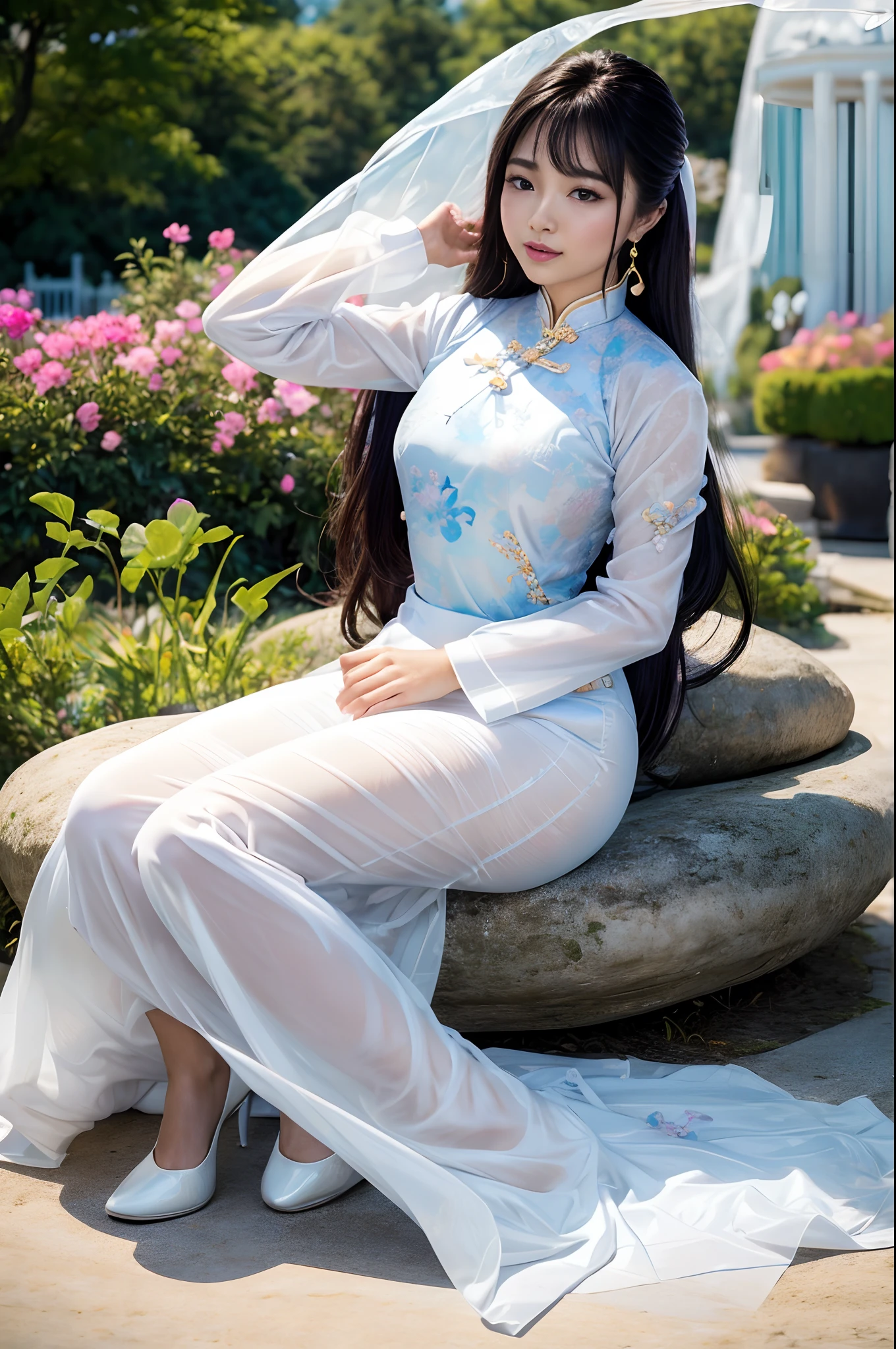 Timeless charm、Elegance、Ultra ultra high definition like a photo movie、Super Real、8K、nffsw、An ultra-high picture quality、masterpiece、In the middle of the flower garden、cowboy shot、Vietnamese girl、One girl、(Translucent Ao Dai:1.5)、(rot)、Beautiful sexy bra、Beautiful sexy panties、soft smiling、Black eyes、Long black hair regurgitated、beautiful countenance、Exquisiteface、perfectly proportions、Drop-shaped chest、爆乳、Constriction、Navel、Crotch gap、Reinforced round buttocks、well-shaped neat buttocks、thighs thighs thighs thighs、Sexy Soft Pose、Curved shape、beautiful curves、Elegant and vivid Ao Dai、relax、Flowers blooming around、Complex pattern、Vibrant colors、Garden with colorful flowers、A paradise of natural beauty、A quiet、Gorgeous、 (Depth Fields:1.3), Beautiful flower garden in the background、(the background is blurred:2)、