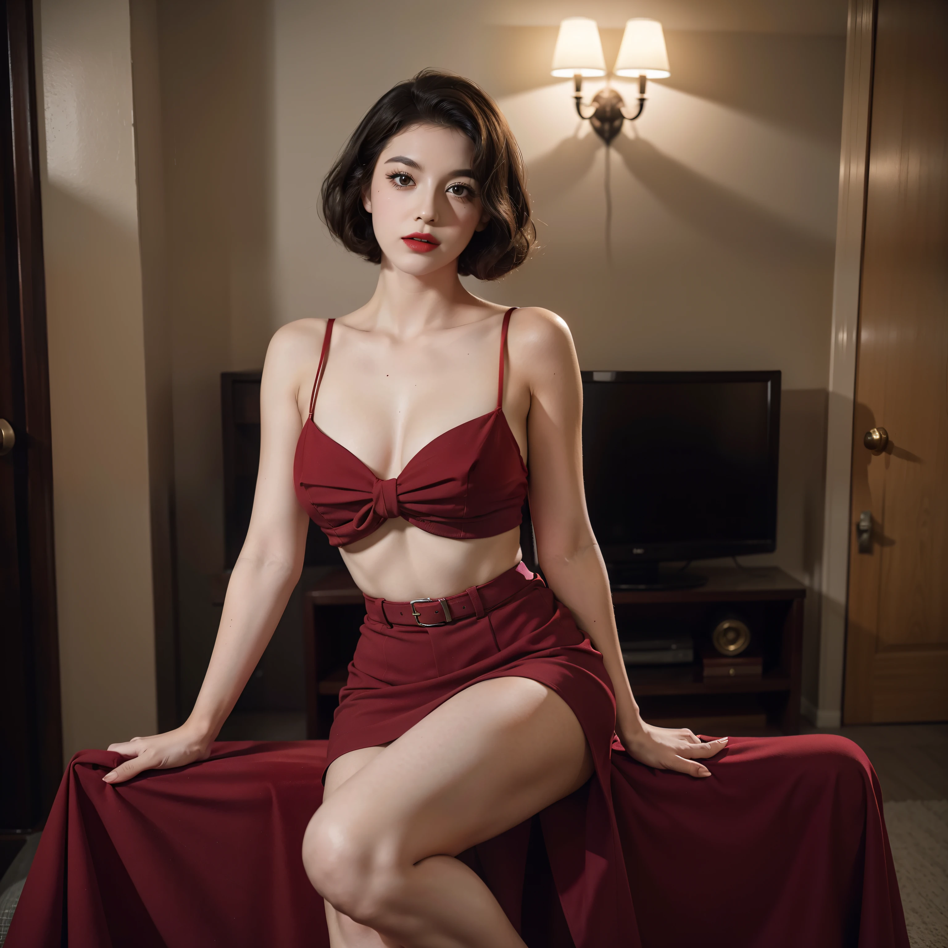 Mallory Malone's costume description is very detailed, Unique and interesting style. toppless,barechested,、A fitted black knee-length skirt with red accents creates a striking visual contrast. The addition of a black heel with ankle strap is、Adds a classy touch to the look. Apart from clothes, Vintage 1950s Bob Hairstyles、Adds a retro and timeless element to Mallory Malone's style. This type of hairstyle is、Known for its neat and short appearance, Typically、Jaw length with both ends turned inward. This hairstyle selection is、Add a vintage touch to the look、Complements Mallory's overall style. Makeup also plays an important role in the appearance of Mallory Malone. Although there are no specific details about makeup mentioned in the description, It is possible to imagine that she may be rocking a 1950s-inspired look.Happy,I see underwear,taking off shirt,Chest exposed,toppless,