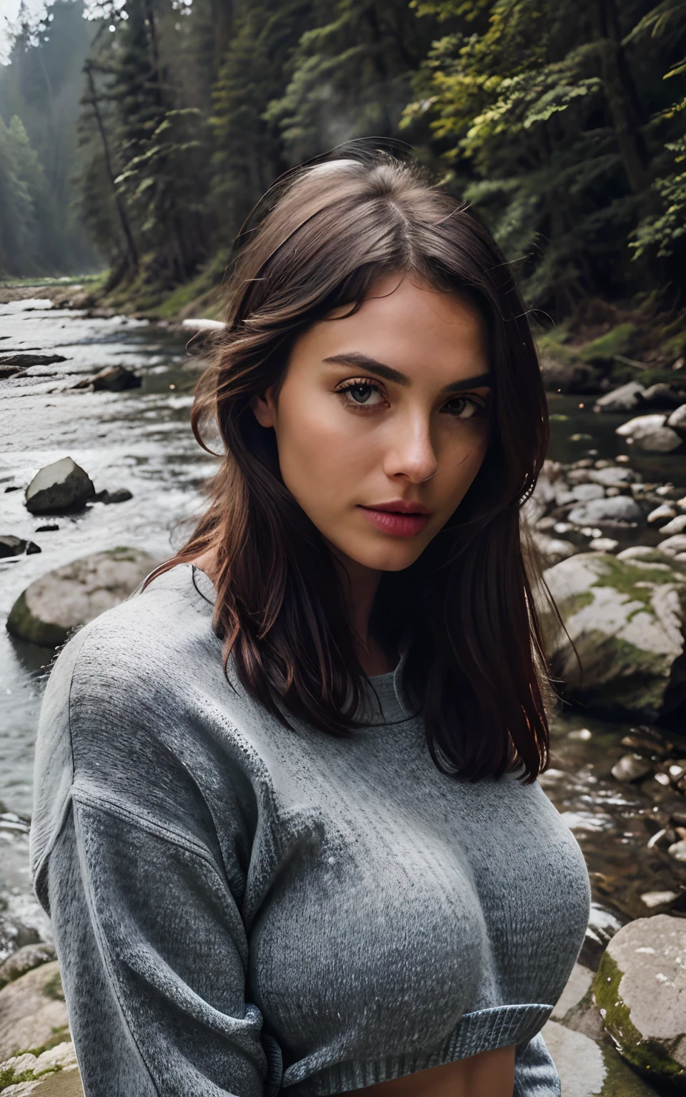 portrait of S463_TeraLink,a beautiful woman,in a (rocky rapids:1.1),wearing a (crewneck),(wet hair),(4k, RAW photo, best quality, 50mm, depth of field, ultra high res:1.1),(intricate, photorealistic, cinematic-shot, masterpiece, ultra-detailed:1.1),