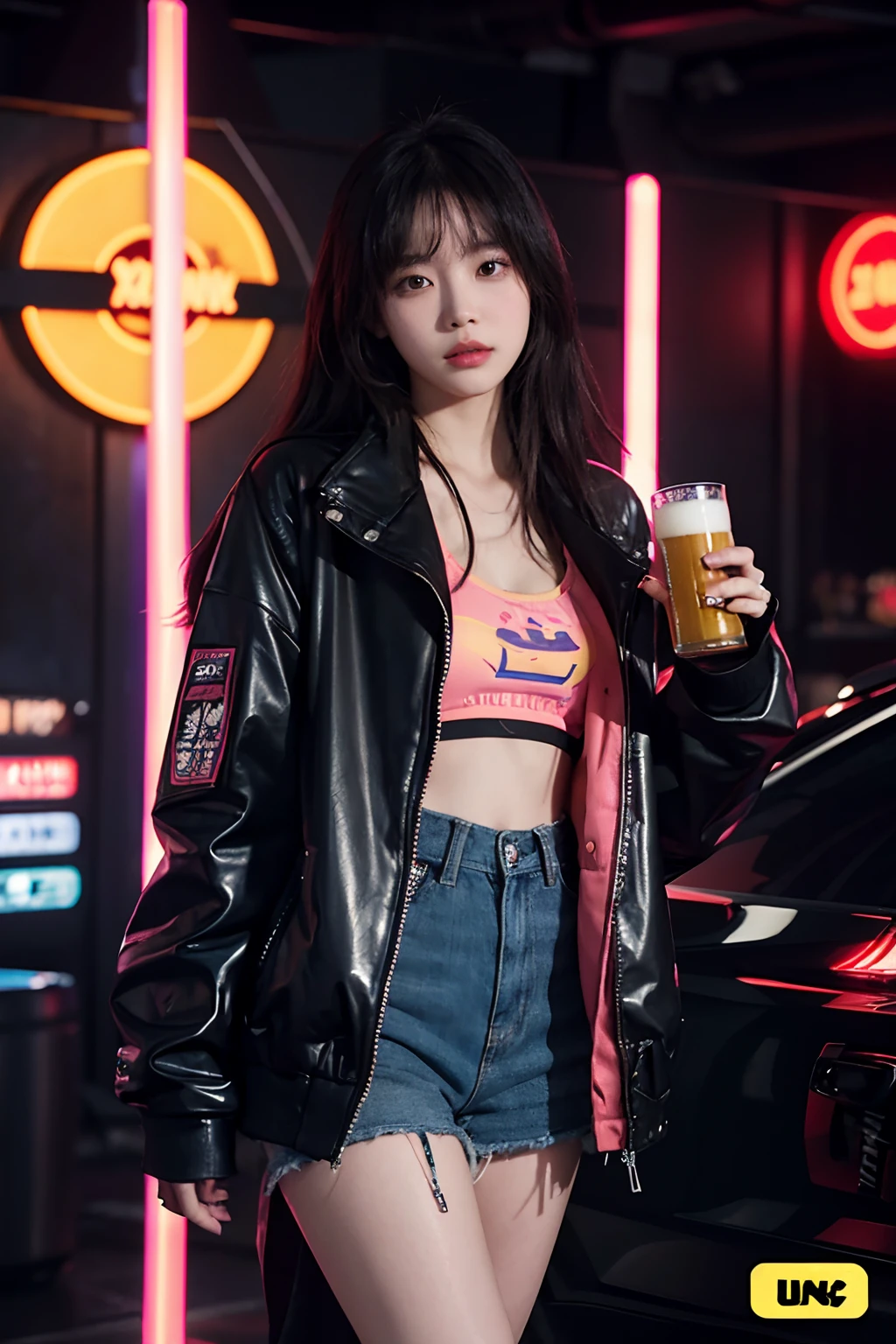 there is a woman standing in a room with a glass of beer, sun yunjoo, lofi girl, bae suzy, iu lee ji-eun as a super villain, wearing cyberpunk streetwear, wearing cyberpunk 2 0 7 7 jacket, e-girl, e - girl, promo still, she is wearing streetwear, 8 0 s asian neon movie still, trending on cgstation
