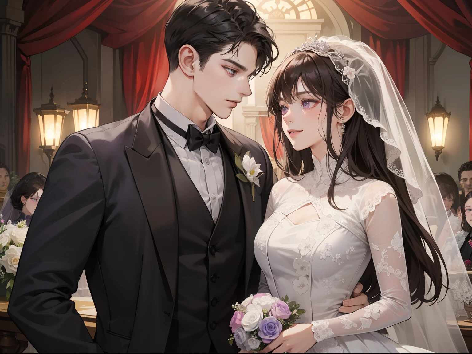 couple, 1 man 1 woman, different hair color, extremely detailed face, ((woman with Long dark black front bang hair with and purple eyes)), man with short dark brown hair and dark grey eyes, face to face, 25 years old, Victorian era, (woman wears a wedding dress and holds a flower), (man wears a suit and a smirk), dim light, boy is taller, (getting married), (dark purple eyes woman), (dark grey eyes man), in the wedding ceremony