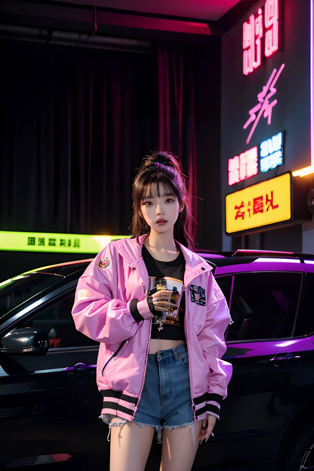 there is a woman standing in a room with a glass of beer, sun yunjoo, lofi girl, bae suzy, iu lee ji-eun as a super villain, wearing cyberpunk streetwear, wearing cyberpunk 2 0 7 7 jacket, e-girl, e - girl, promo still, she is wearing streetwear, 8 0 s asian neon movie still, trending on cgstation