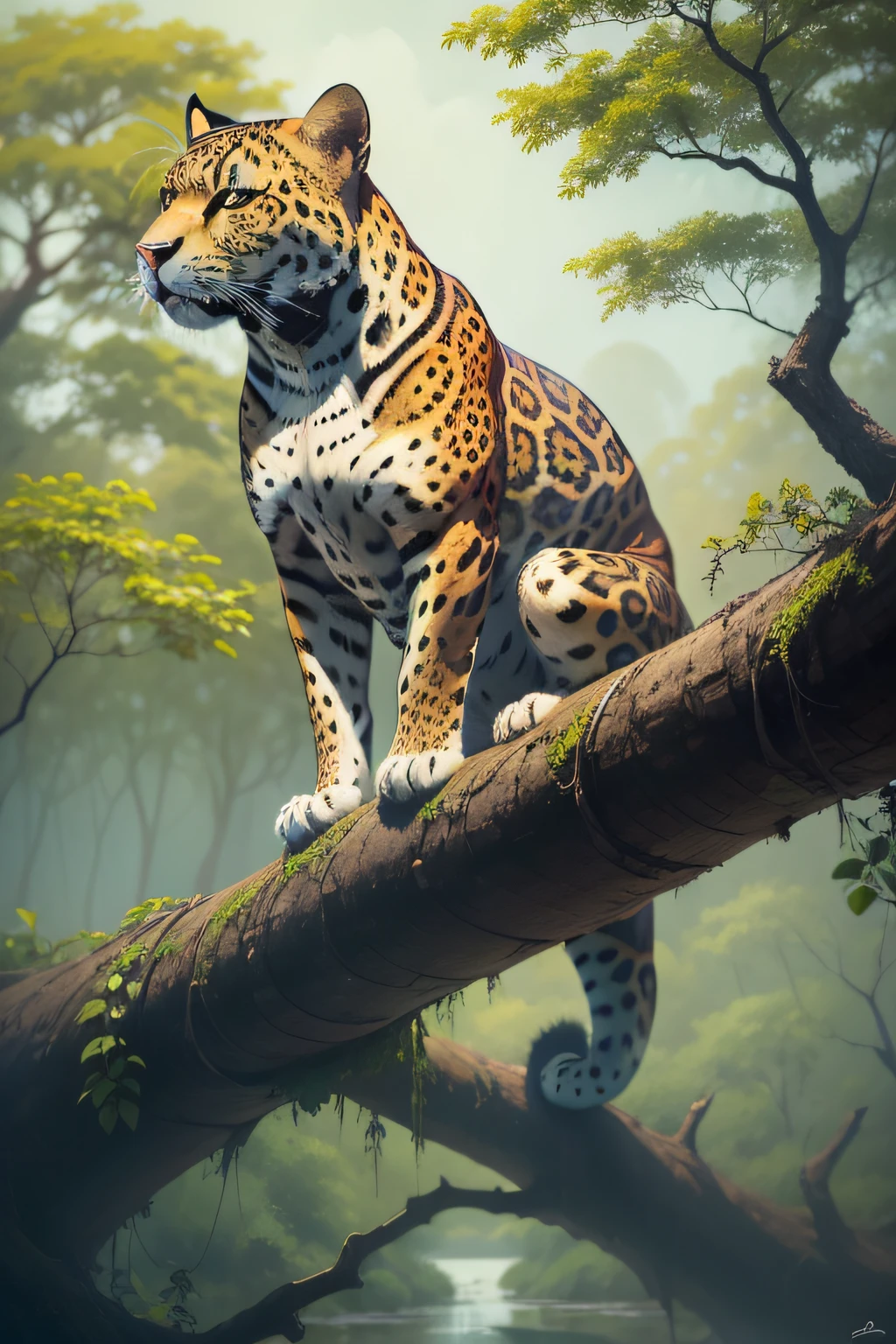 (jaguar on tree branch,fundo paisagem do pantanal),High quality oil painting style.