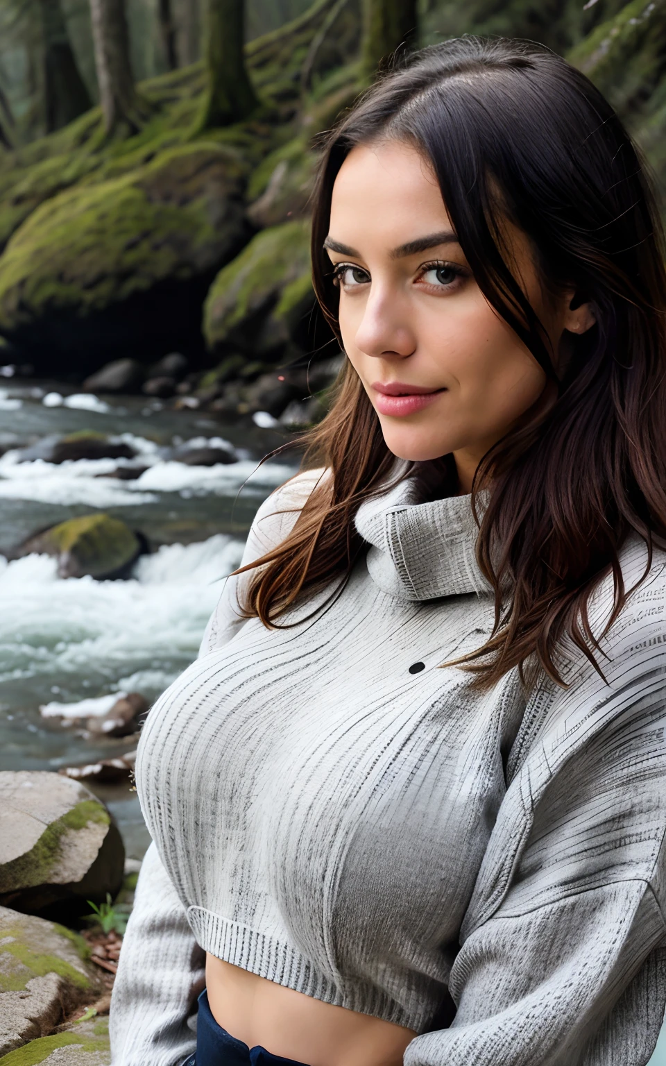 photorealistic, best quality, hyper detailed, beautiful women, twins,  big bra, colorful outfit, upper body, wearing pullover, bathroom, real life nature, (cheerful, shy), sleeping bag, gloves, sweater, forest, rocks, river, wood, smoke, fog, clear sky, looking at viewer, skin texture, close up, ultra high res, RAW, instagram LUT,