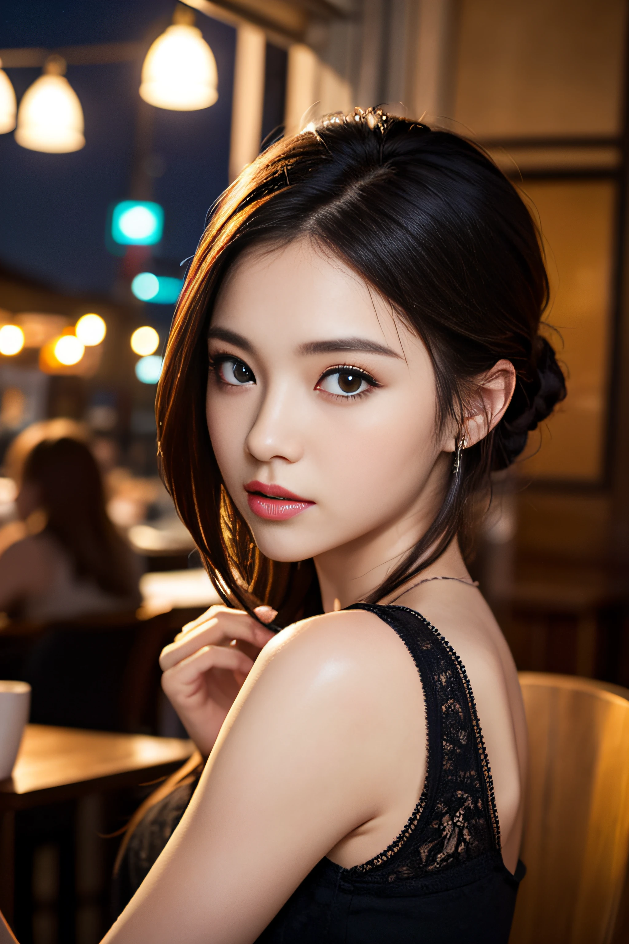 1girl in、(mid night)、Beautiful sky、cafes、sitting on、(beautiful and detailed face:1.4)、Textured skin、lighting like a movie、Sleeveless